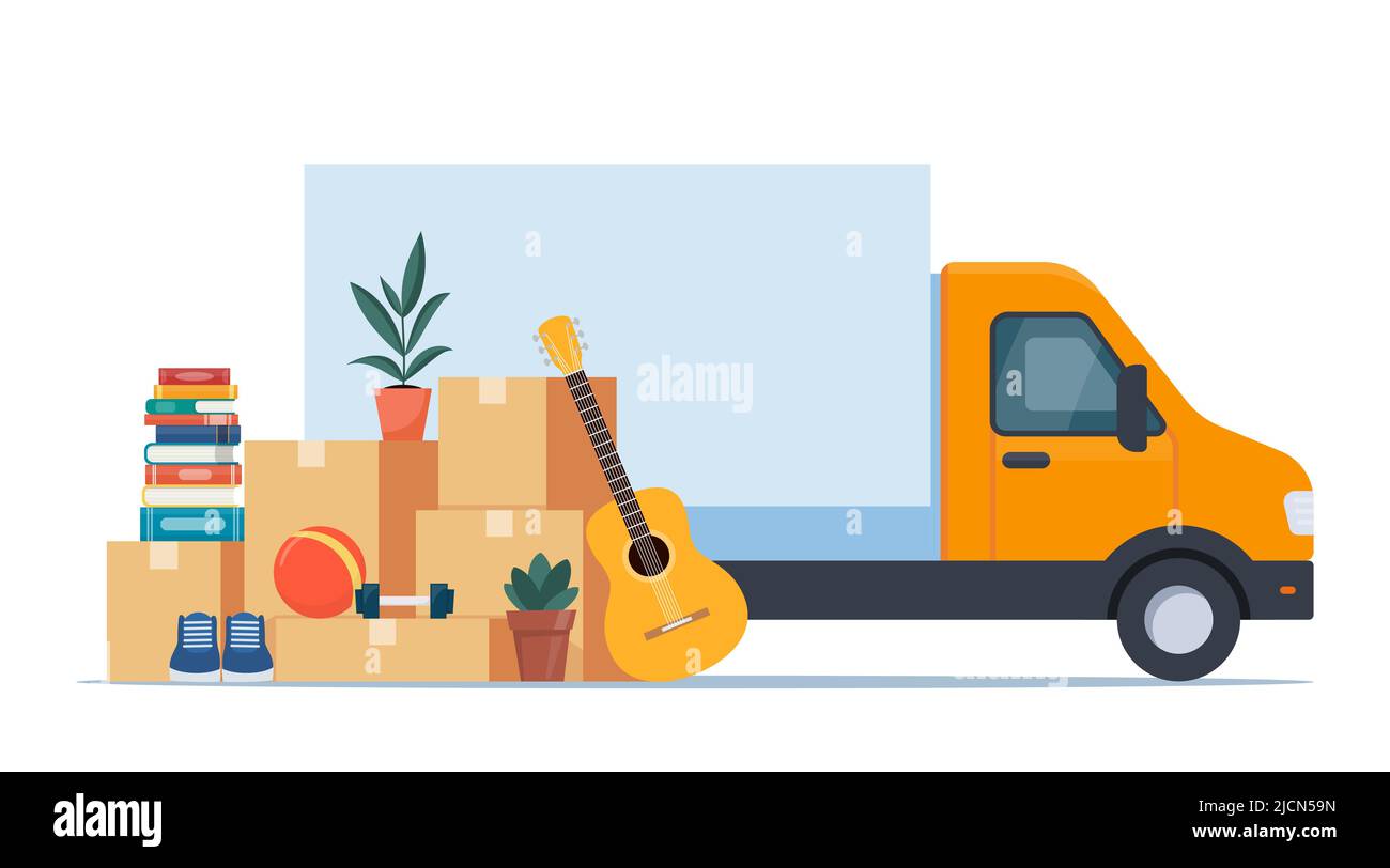 Truck and household items. Moving to new house. Relocated to new home. Boxes with goods. Package