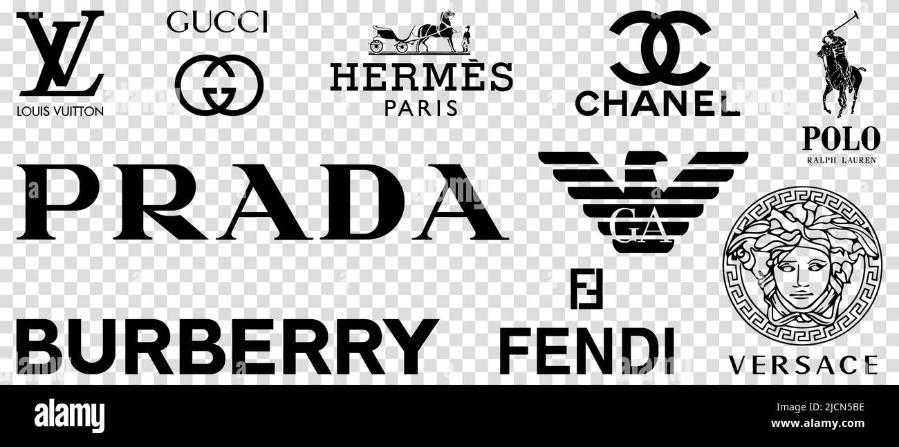 Popular clothing brands in the world. Louis Vuitton, Gucci, Hermes, Prada,  Chanel, Lauren, Burberry, Versace, Fendi, Armani. Editorial vector illustra  Stock Vector Image & Art - Alamy
