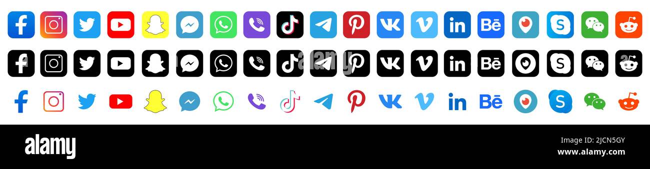 Social media vector icon set. Facebook, Instagram, Twitter, Youtube, Snapchat, Whatsap, Viber, Tik Tok, Telegram, Pinterest, Vkontakte, Vimeo and etc Stock Vector