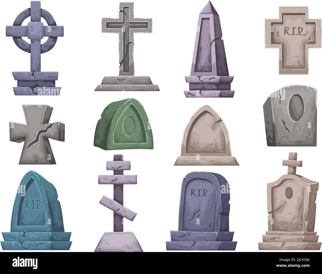 Cartoon graves. Gravestone, ancient RIP tombstone and gothic graveyard memorial crosses vector set Stock Vector