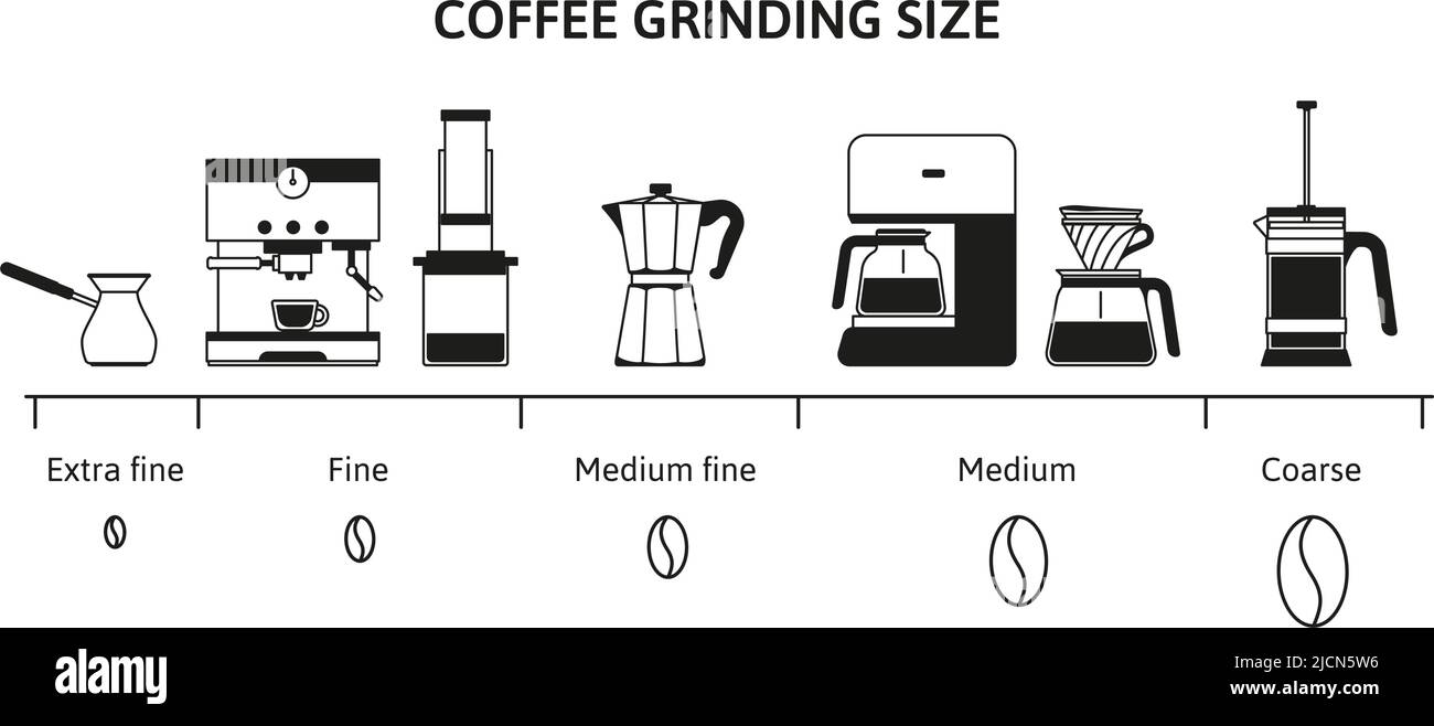 Coffee grind size chart. Beans grinding guide for different brewing methods. Fine, medium and
