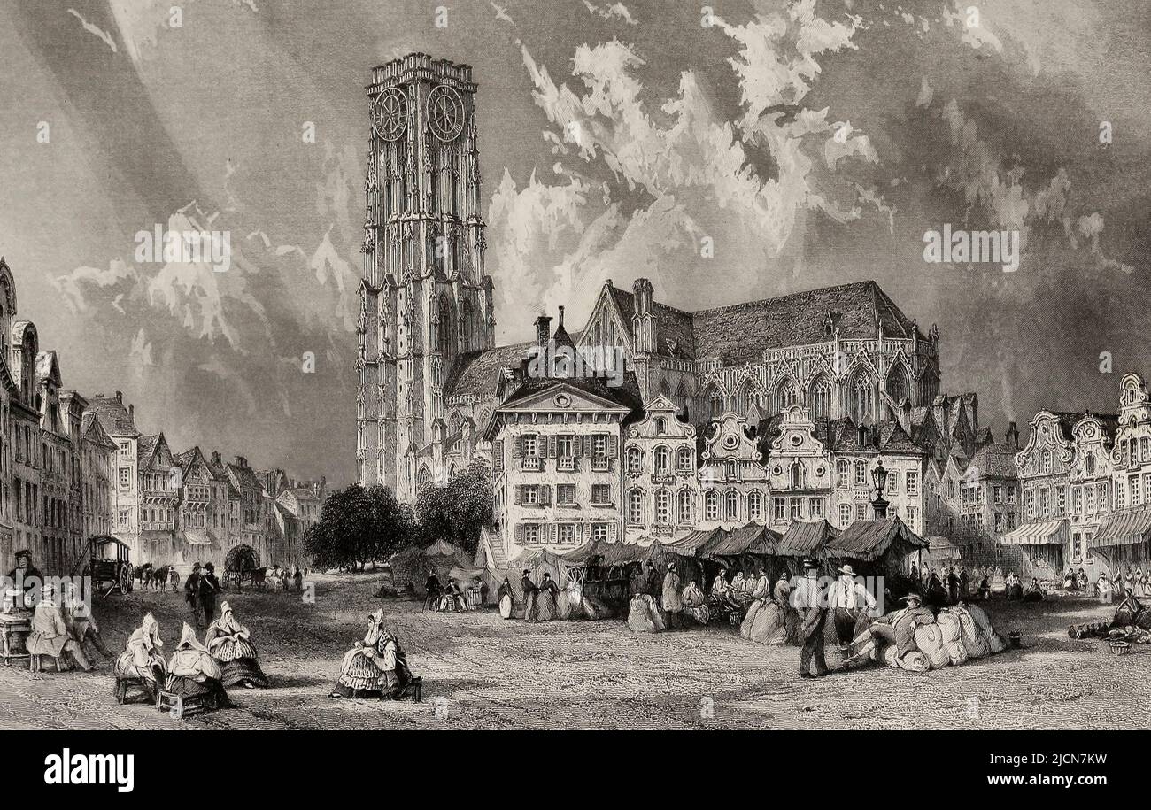 Cathedral and Market-Place, Mechlin, Belgium, circa 1845 Stock Photo