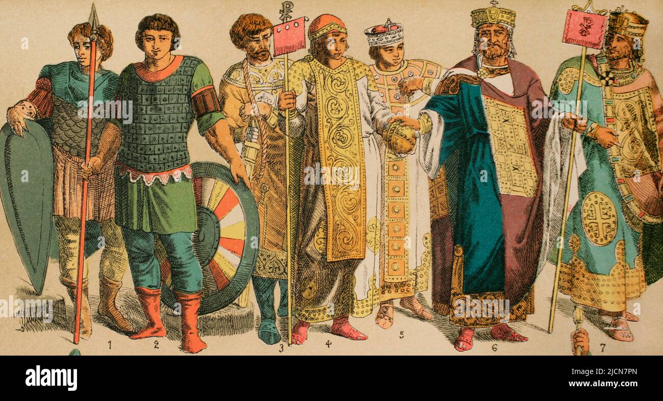 Byzantines (700-1000). From left to right: 1 and 2: Byzantine soldiers, 3: Royal employee, 4 and 5: Royal costumes. Dalmatic. Silk cloth. Sceptre, 6 and 7: Royal suit. Dalmatic and second robe. Chromolithography. 'Historia Universal' (Universal History), by César Cantú. Volume IV. Published in Barcelona, 1881. Stock Photo