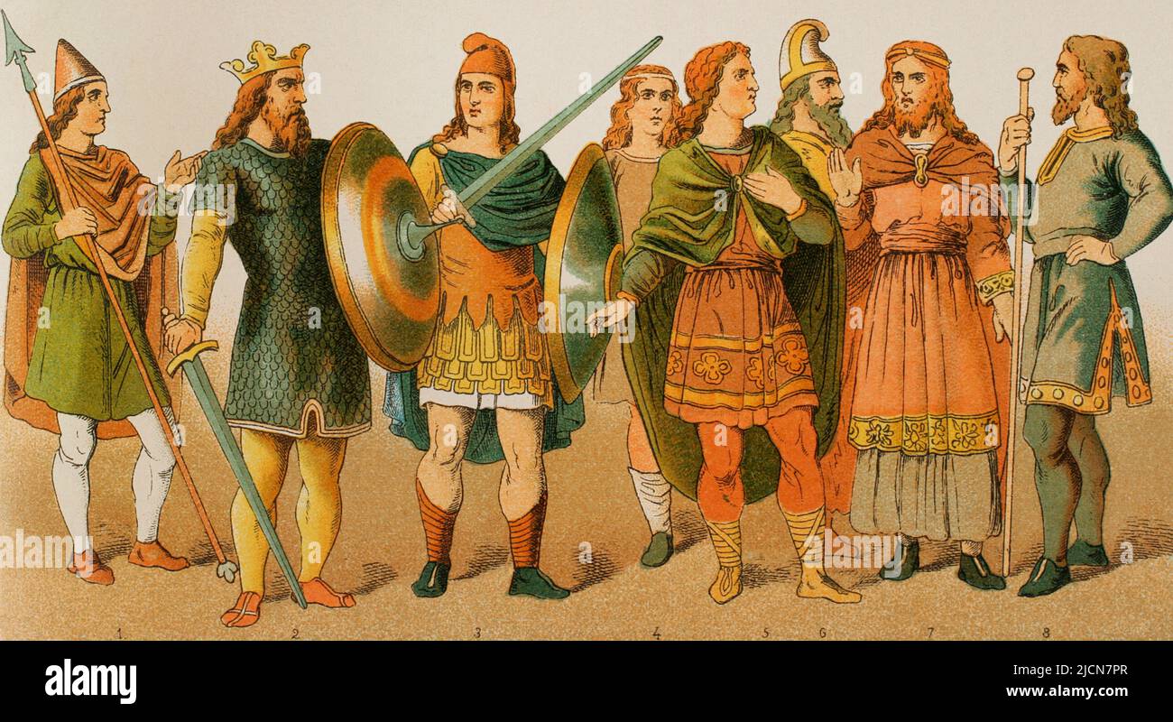 Anglo-Saxons (500-1000). From left to right, 1: Warrior, 2: King (750), 3: Warrior, 4,5,6,7 and 8: Nobles. Chromolithography. 'Historia Universal' (Universal History), by César Cantú. Volume IV. Published in Barcelona, 1881. Stock Photo