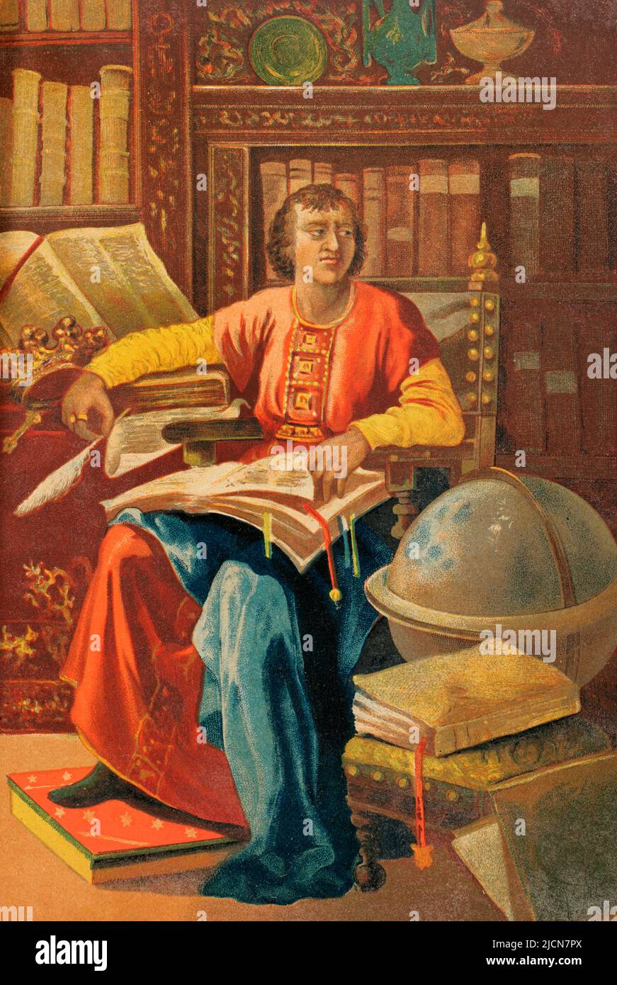 Alfonso X of Castile, called 'The Wise' (1221-1284). King of Castile and Leon. Portrait. Chromolithography. 'Historia Universal' (Universal History), by César Cantú. Volume VI. Published in Barcelona, 1885. Stock Photo