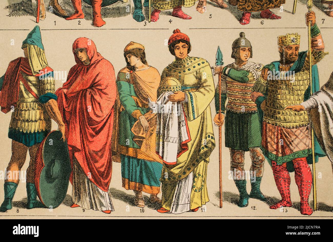 Byzantines (700-1000). From left to right, 8: Royal soldier, 9: Womanly suit, 10: Work Suit. Cap, 11: Womanly main person outfit, 12: Most modern warrior outfit and 13: Main warrior or king outfit. Chromolithography. 'Historia Universal,' by Cesar Cantú. Volume IV. Published in Barcelona, 1881. Stock Photo