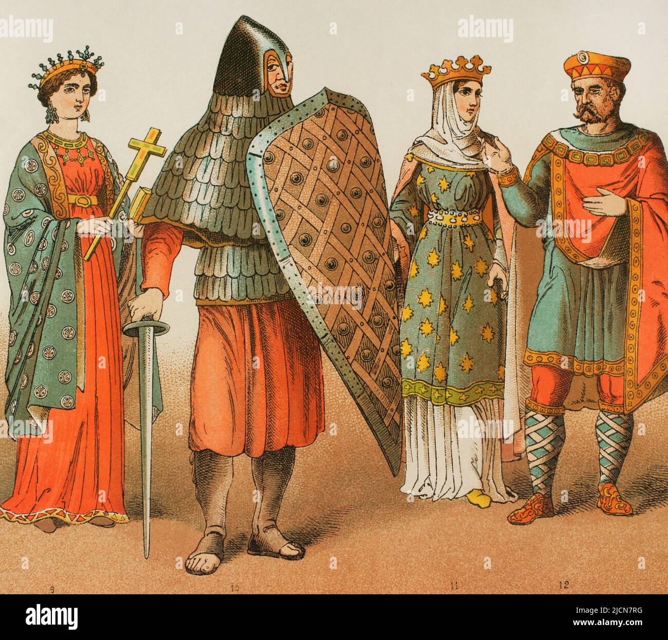 Europe. Early Middle Ages. 8th-9th centuries. Frankish Kingdom. Carolingian dynasty. From left to right. 9: Empress of 800, 19: Warrior, 11: Princess, 12: Charlemagne. Chromolithography. 'Historia Universal' (Universal History), by César Cantú. Volume IV. Published in Barcelona, 1881. Stock Photo