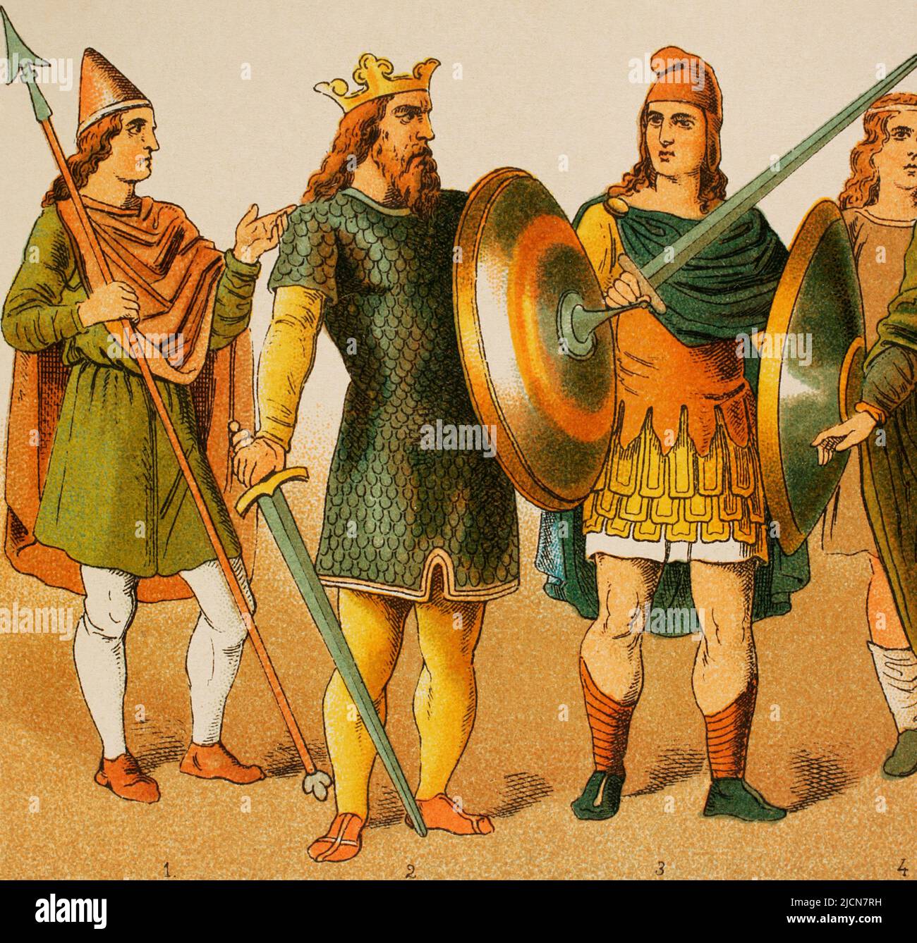 Anglo-Saxons (500-1000). From left to right, 1: Warrior, 2: King (750), 3: Warrior. Chromolithography. 'Historia Universal' (Universal History), by César Cantú. Volume IV. Published in Barcelona, 1881. Stock Photo