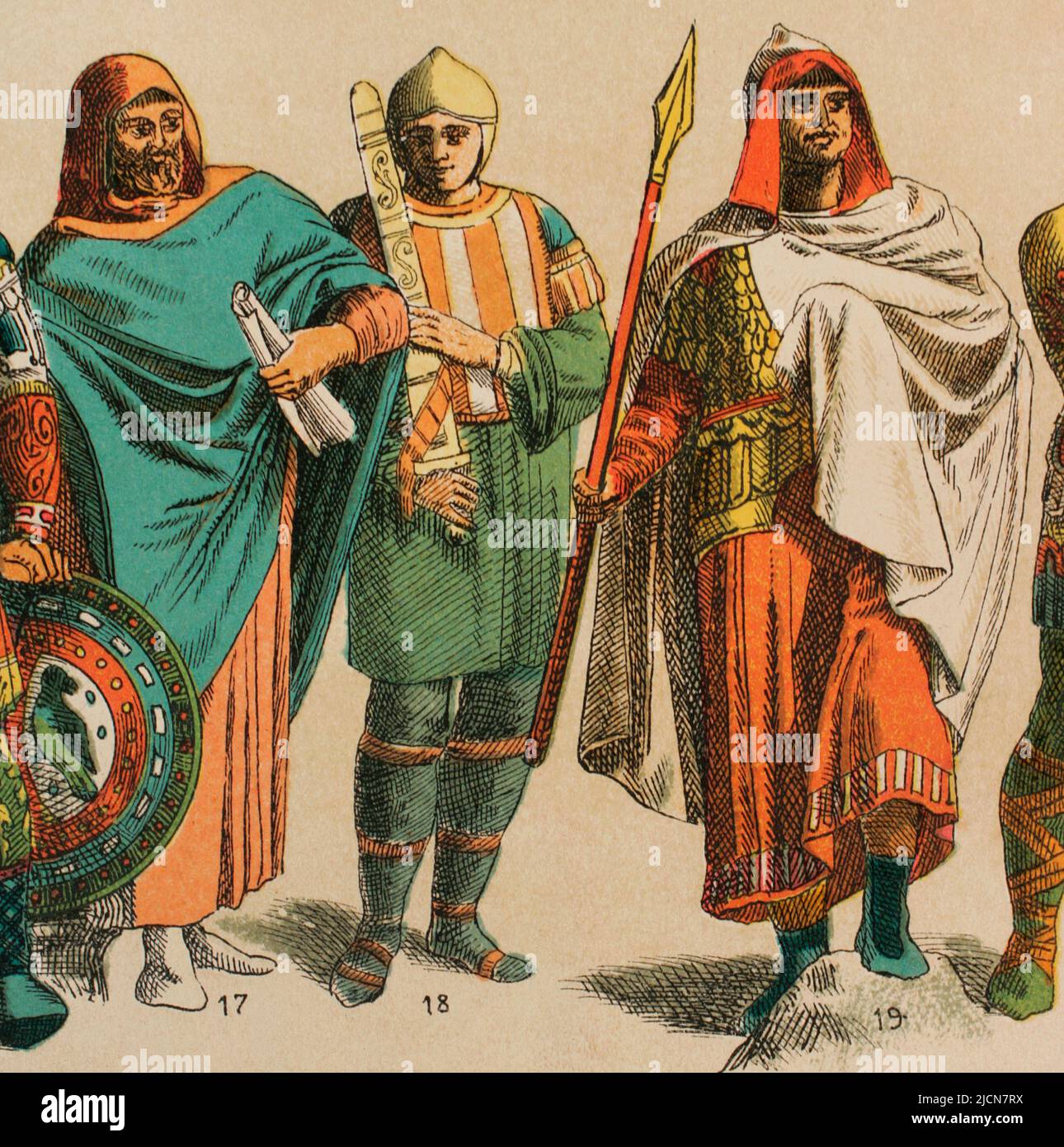 Byzantines (700-1000). From left to right, 17: Writer's costume. Paenula, 18: Byzantine soldier, 19: Warrior costume. Paenula. Chromolithography. 'Historia Universal' (Universal History), by César Cantú. Volume IV. Published in Barcelona, 1881. Stock Photo
