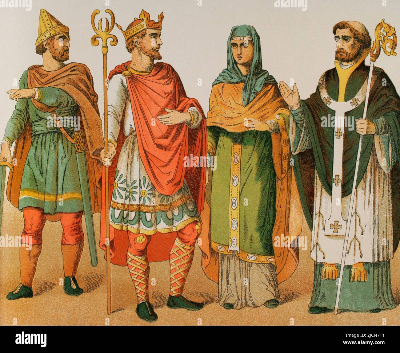 Anglo-Saxons (500-1000). From left to right, 9: Military chief, 10: King (966), 11: Noblewoman (850), 12: Bishop (900). Chromolithography. 'Historia Universal' (Universal History), by César Cantú. Volume IV. Published in Barcelona, 1881. Stock Photo