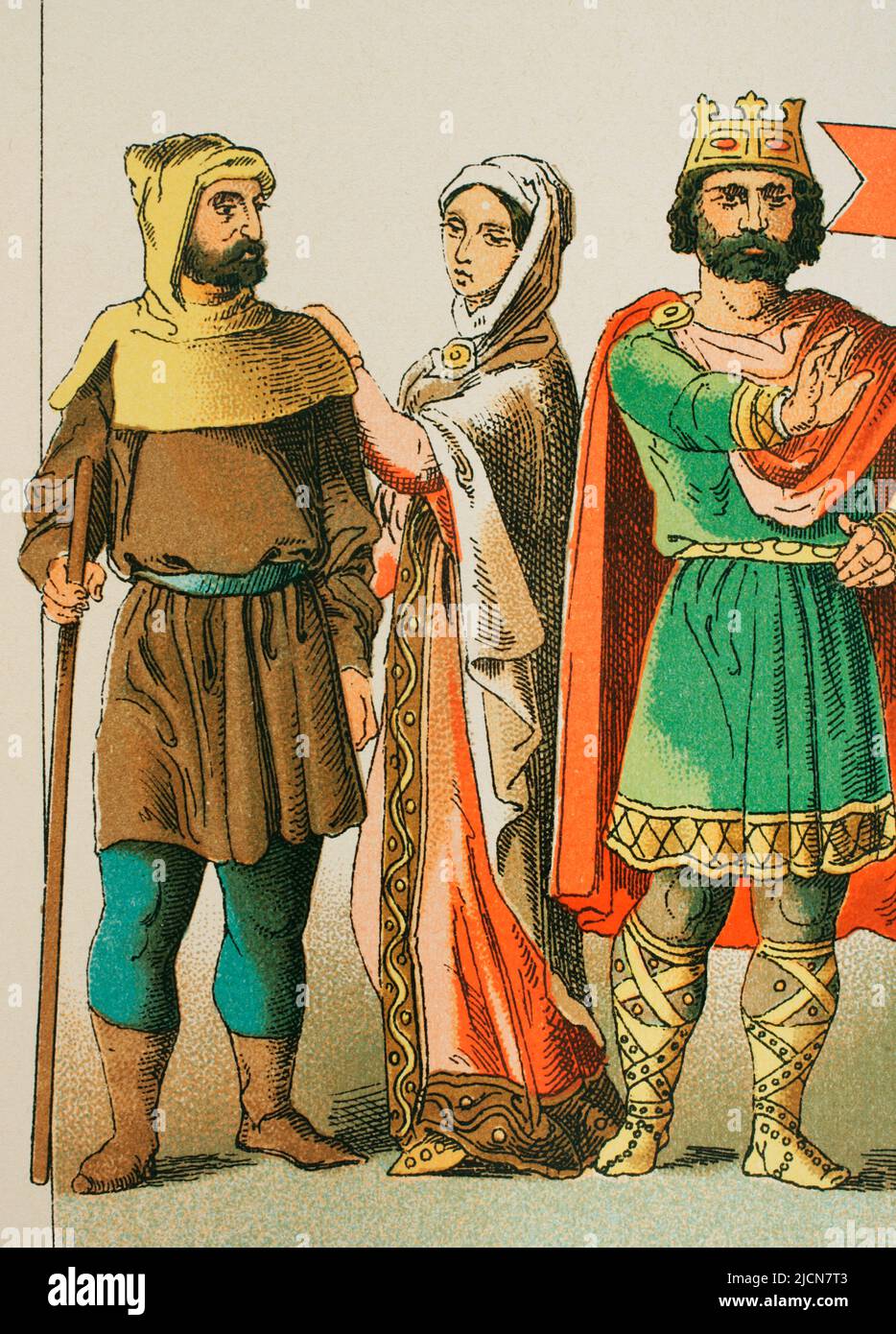Middle Ages. History of France (year 900). From left to right: Man of the people, noblewoman and king. Chromolithography. 'Historia Universal' (Universal History), by César Cantú. Volume IV. Published in Barcelona, 1881. Stock Photo