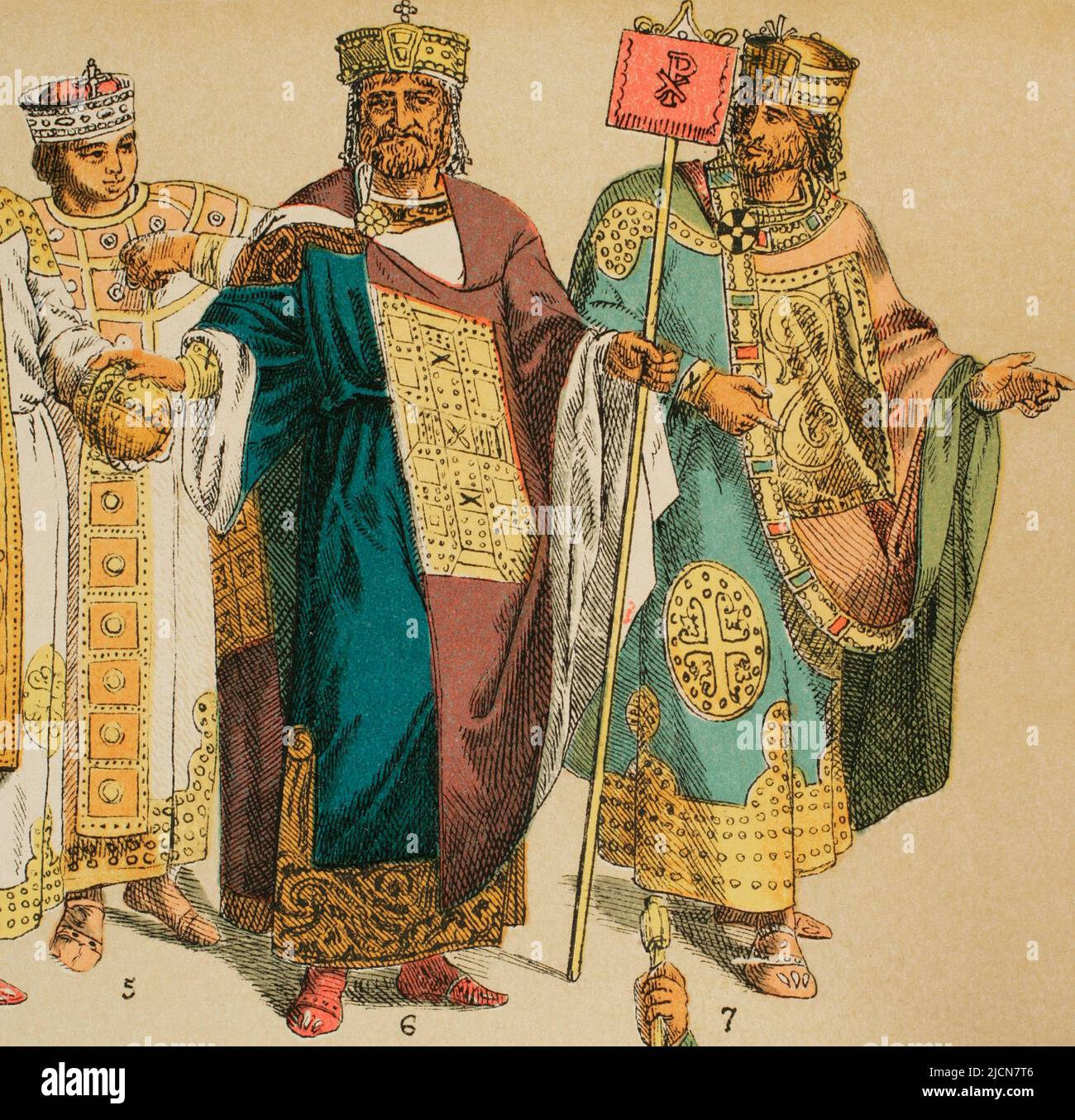 Byzantines (700-1000). From left to right, 5: Royal suit. Dalmatic. Silk cloth. Sceptre, 6 and 7: Royal suit. Dalmatic and second robe. Chromolithography. 'Historia Universal' (Universal History), by César Cantú. Volume IV. Published in Barcelona, 1881. Stock Photo