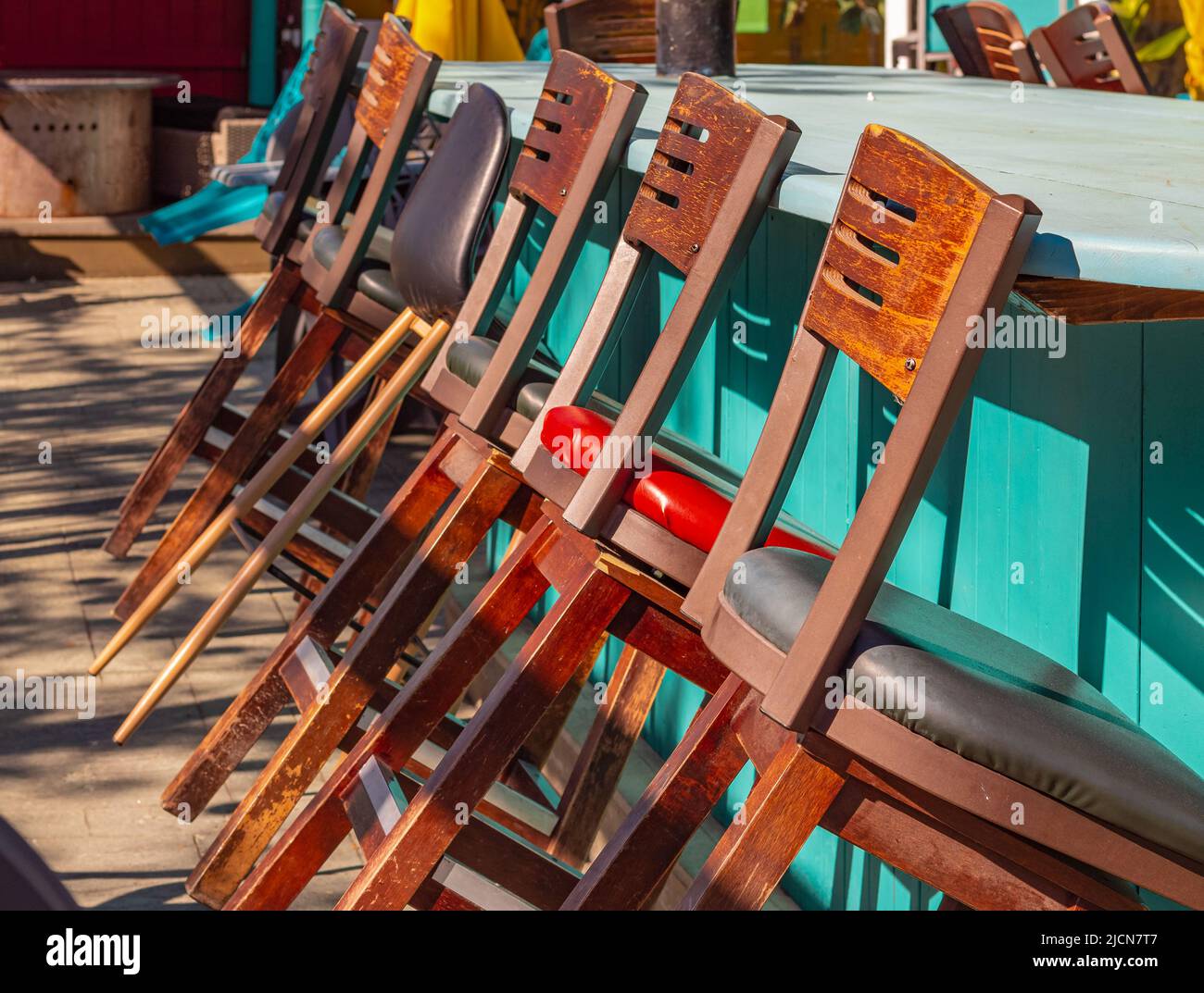 Tall wooden bar stools with backs stand in a row near the bar counter