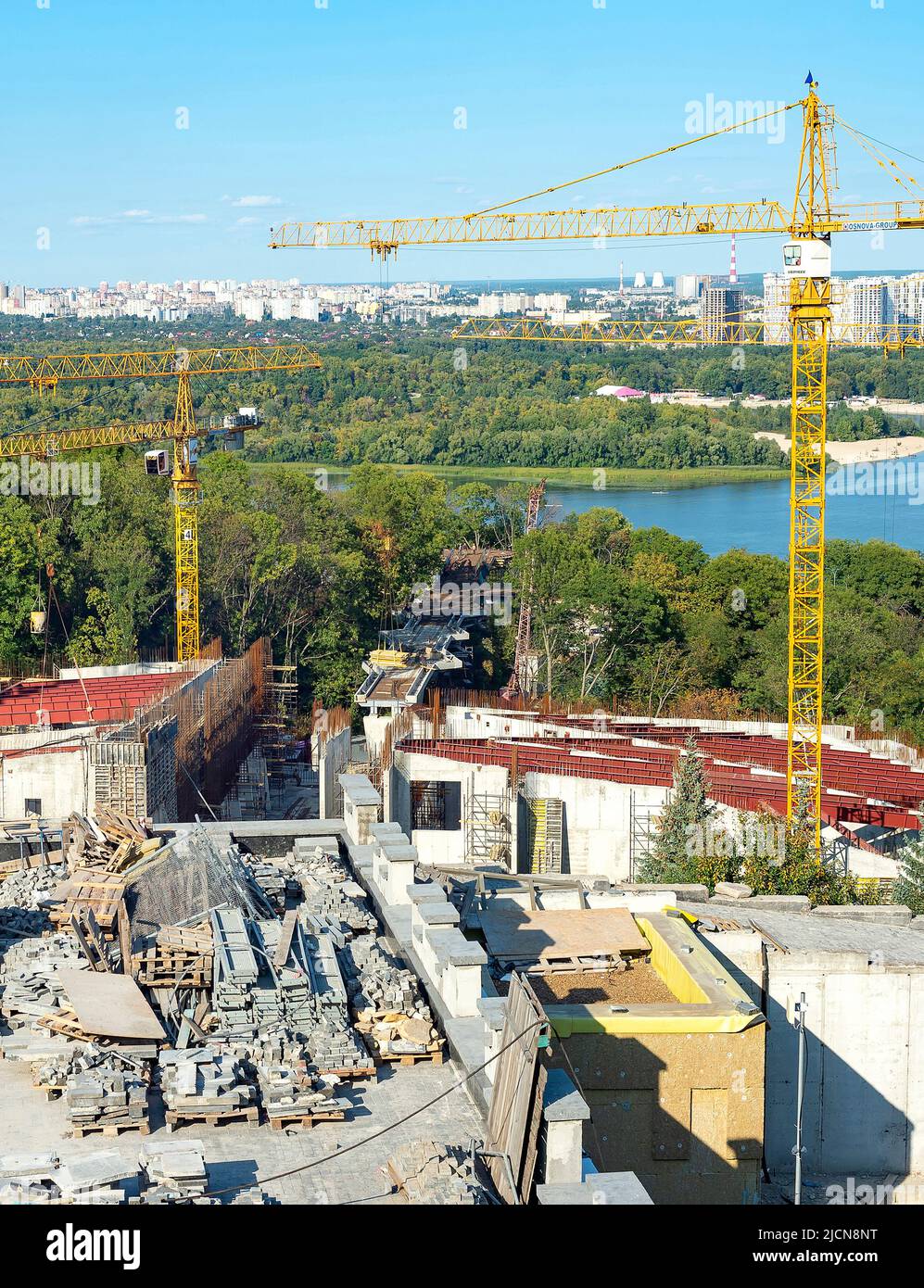 Construction site in Peremga park, left riverbank view, Kiyv summertime cityscape, Ukraine Stock Photo