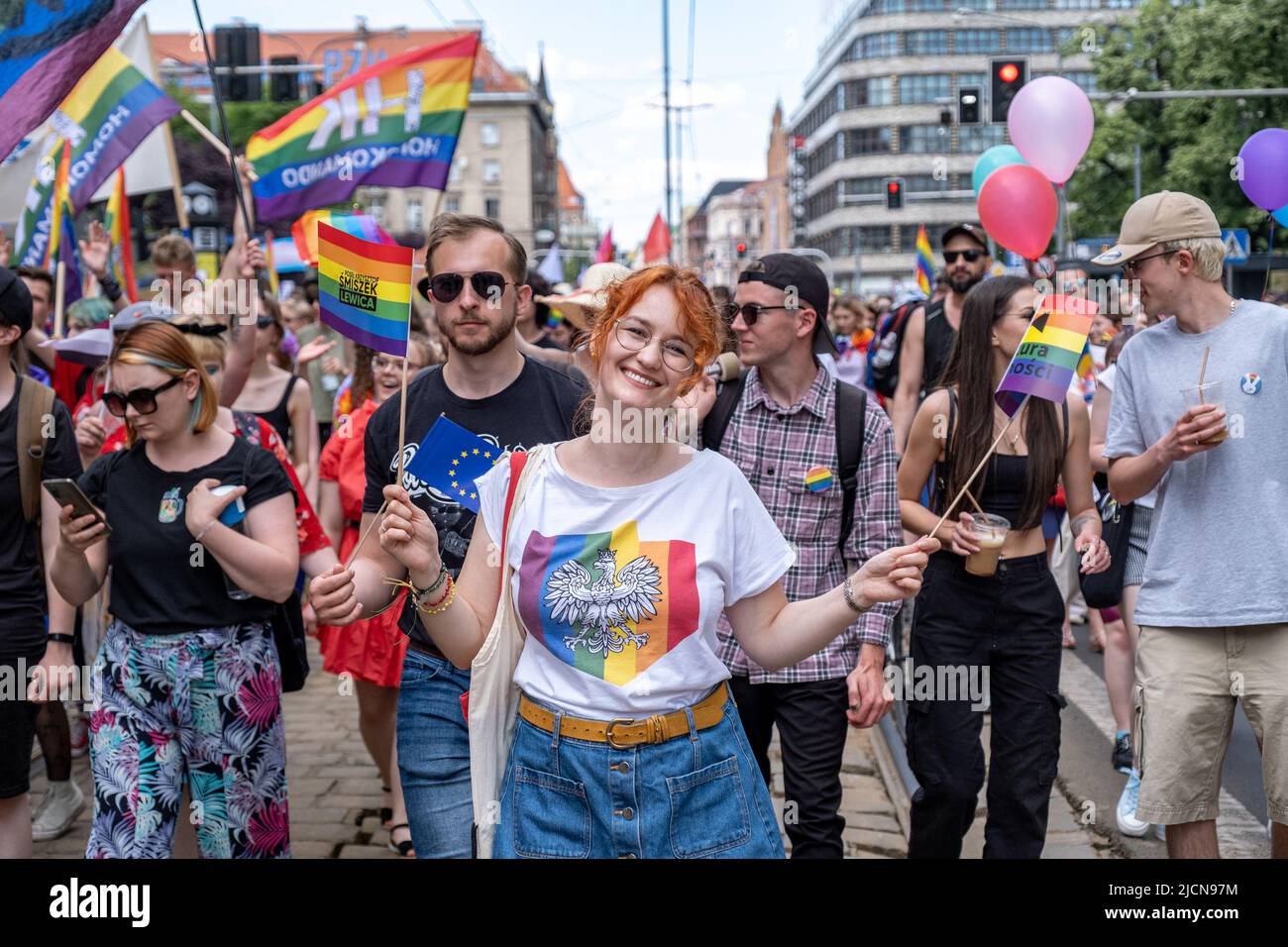 Wroclaw, Poland. 11th June, 2022. A young demonstrator seen with a polish  pride-like emblem during the Pride rally. 14th pride procession in Wroclaw.  It was focused not only on the equality, but