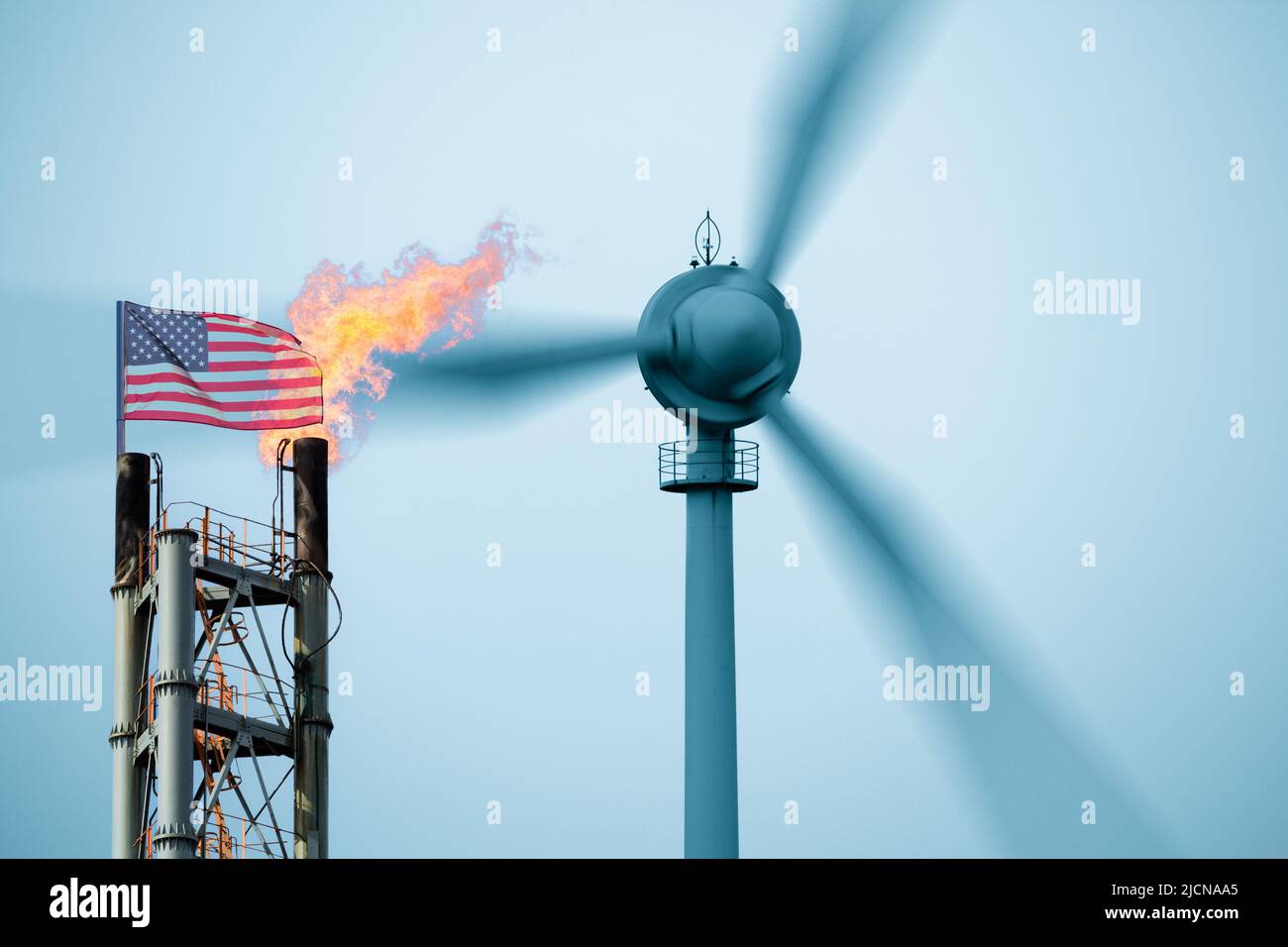 USA clean, renewable energy, fossil fuels, gas, oil industry, wind turbines, inflation, economy, net zero emissions, global warming, climate change.. Stock Photo