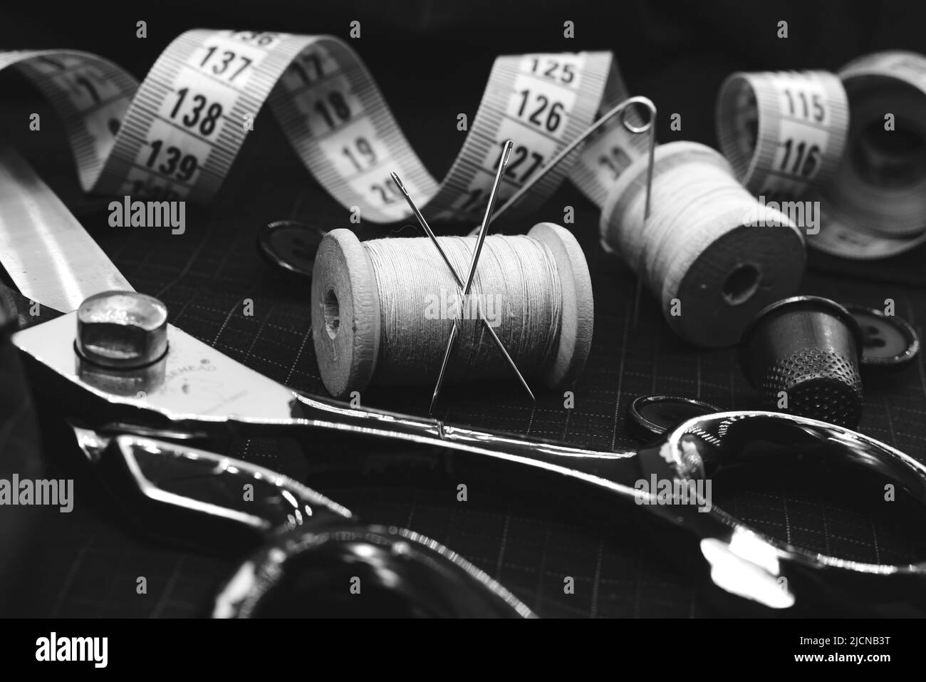 Retro tools for cutting and sewing. Needle with thread, thimble, sewing