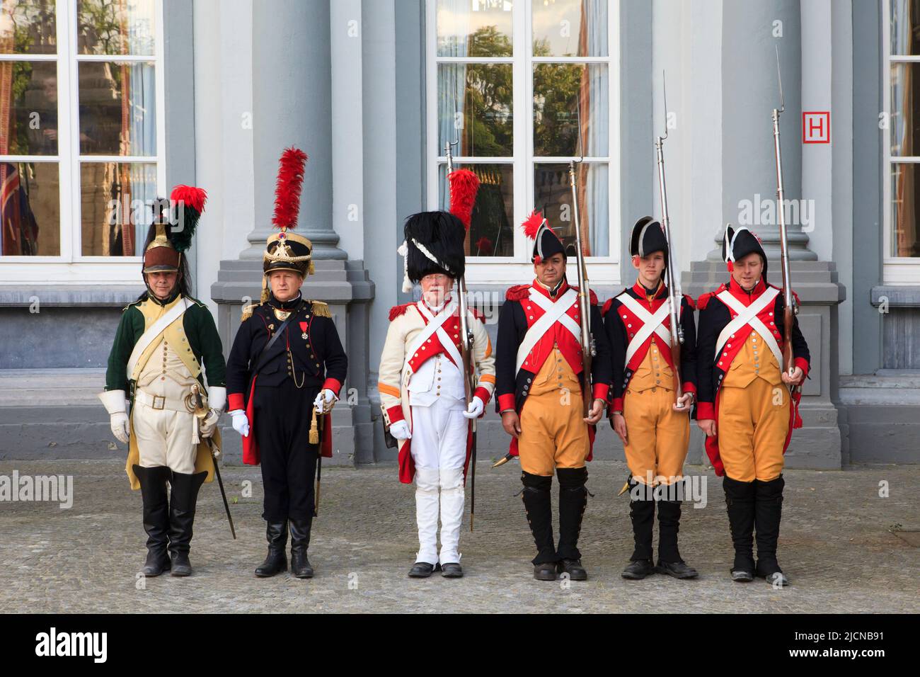 Various French soldiers and gendarmes during the Napoleonic reenactment of the Duchess of Richmond's ball at Egmont Palace in Brussels, Belgium Stock Photo
