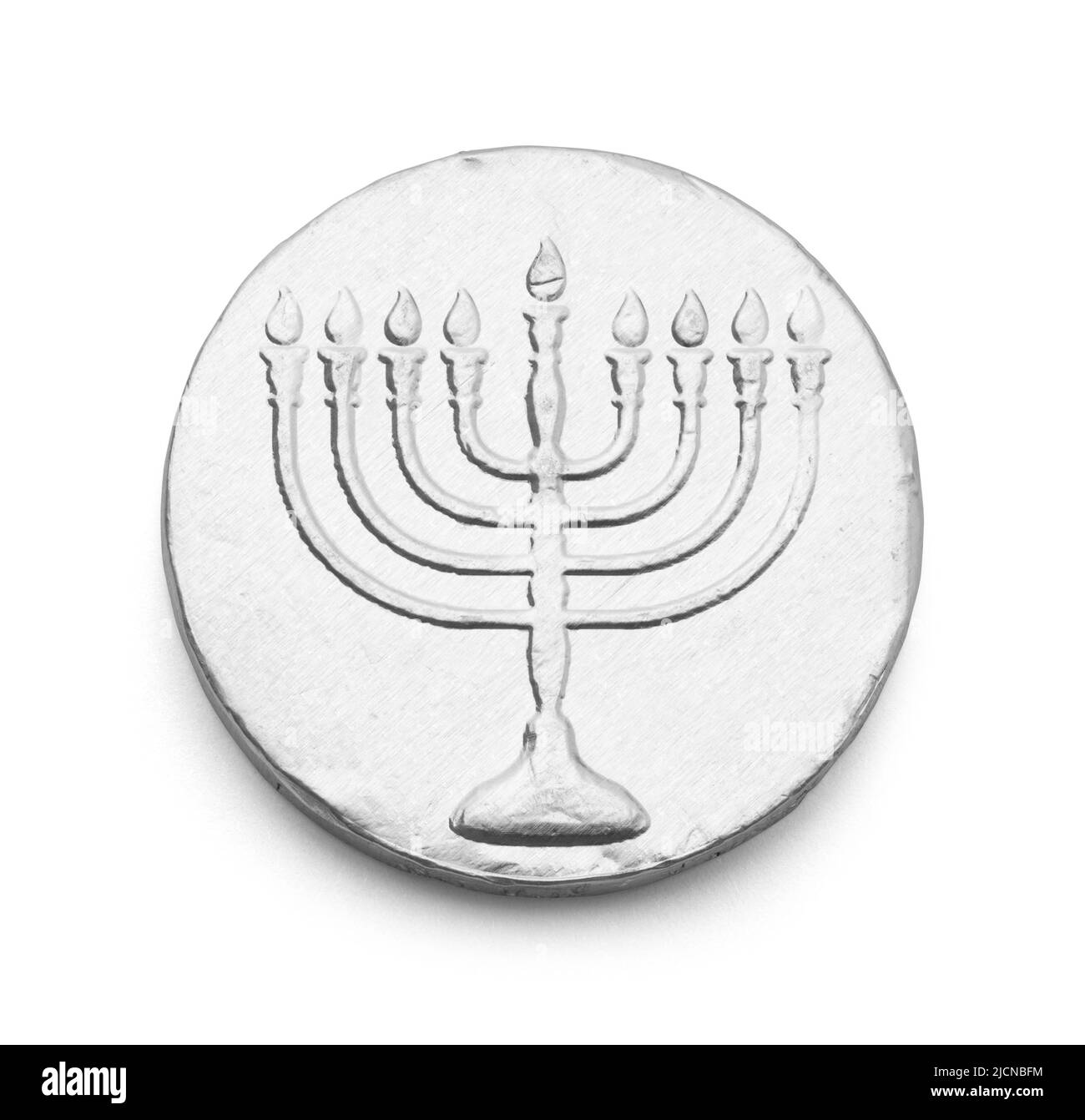 Silver Menorah Chocolate Candy Coin Cut Out. Stock Photo