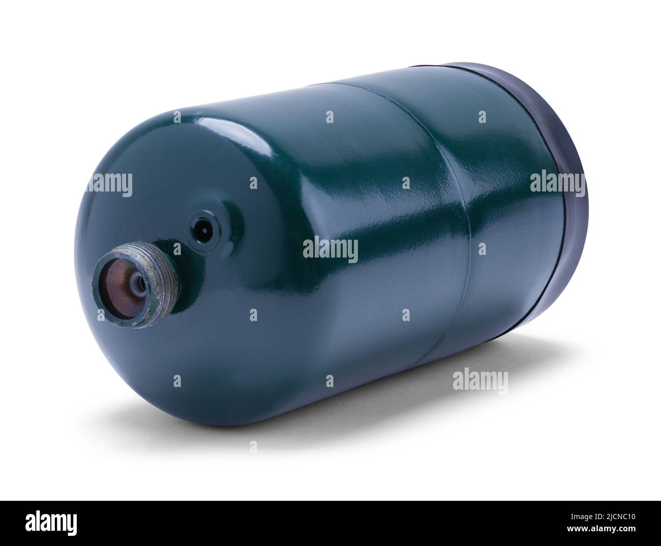 Tipped Green Propane Tank Cut Out on White. Stock Photo