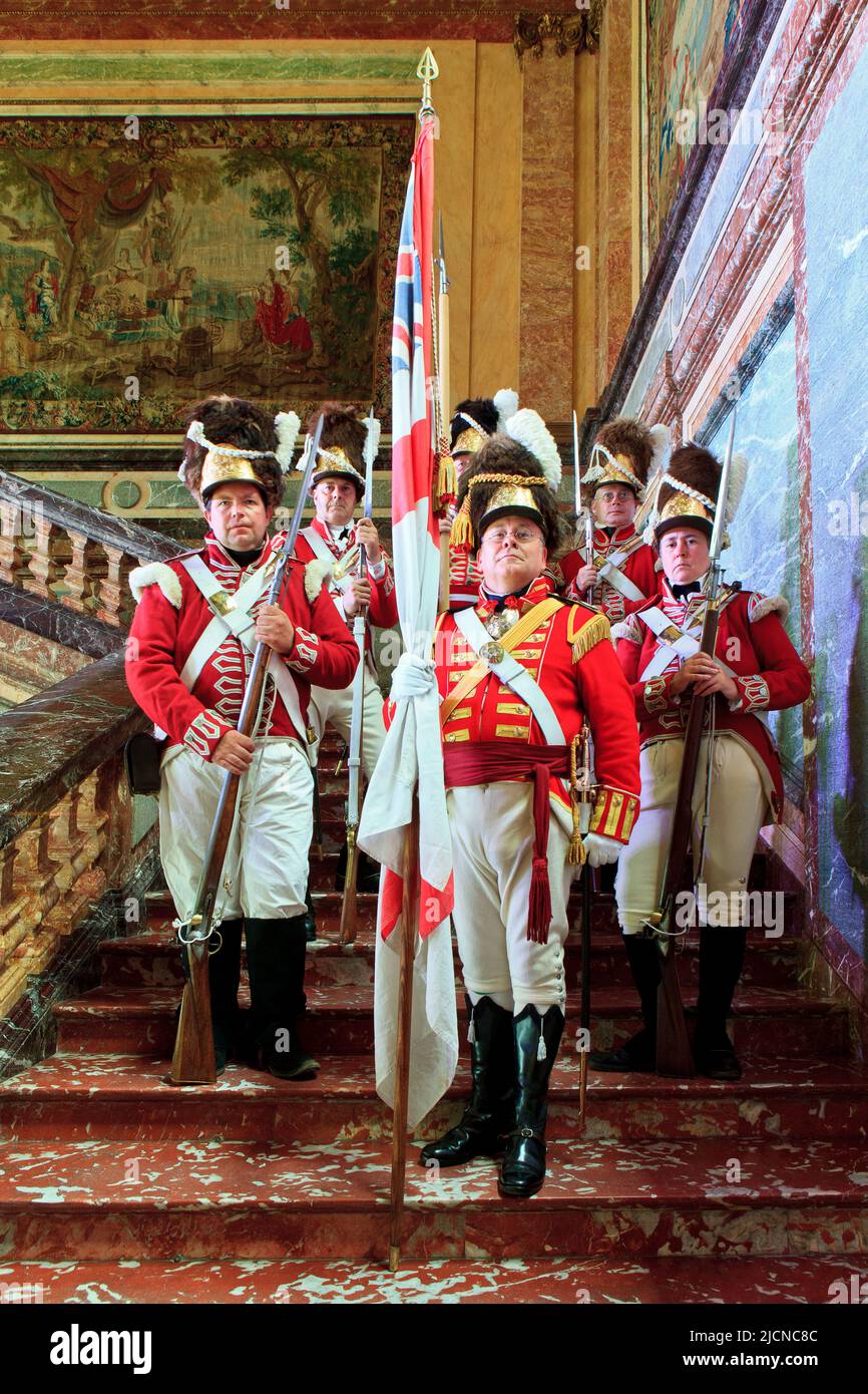 British Napoleonic soldiers at the Duchess of Richmond's ball at Egmont Palace in Brussels, Belgium Stock Photo