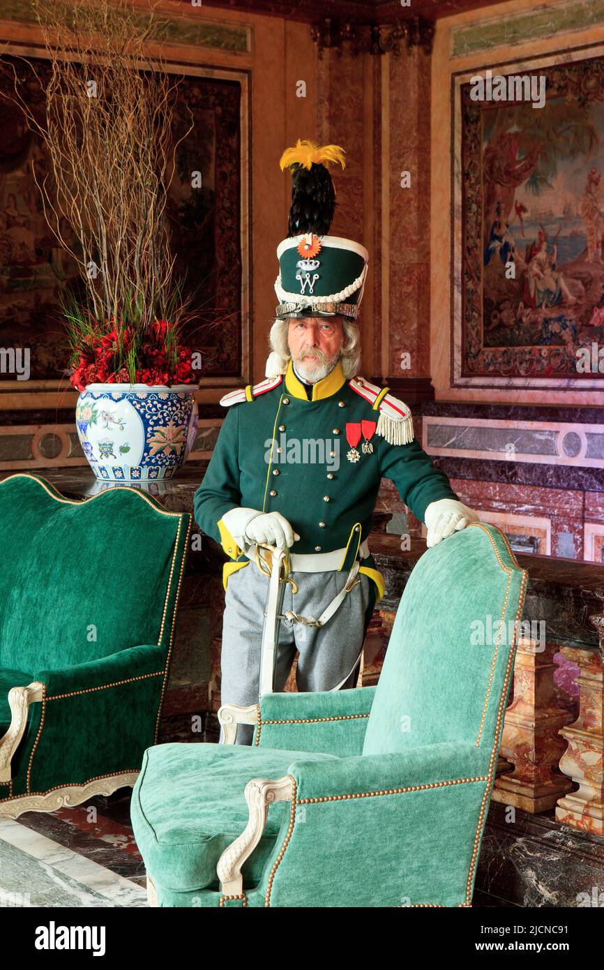 An officer of the 5th Light Dragoons, Belgo-Dutch Cavalry, at the Napoleonic reenactment of the Duchess of Richmond's ball in Brussels, Belgium Stock Photo