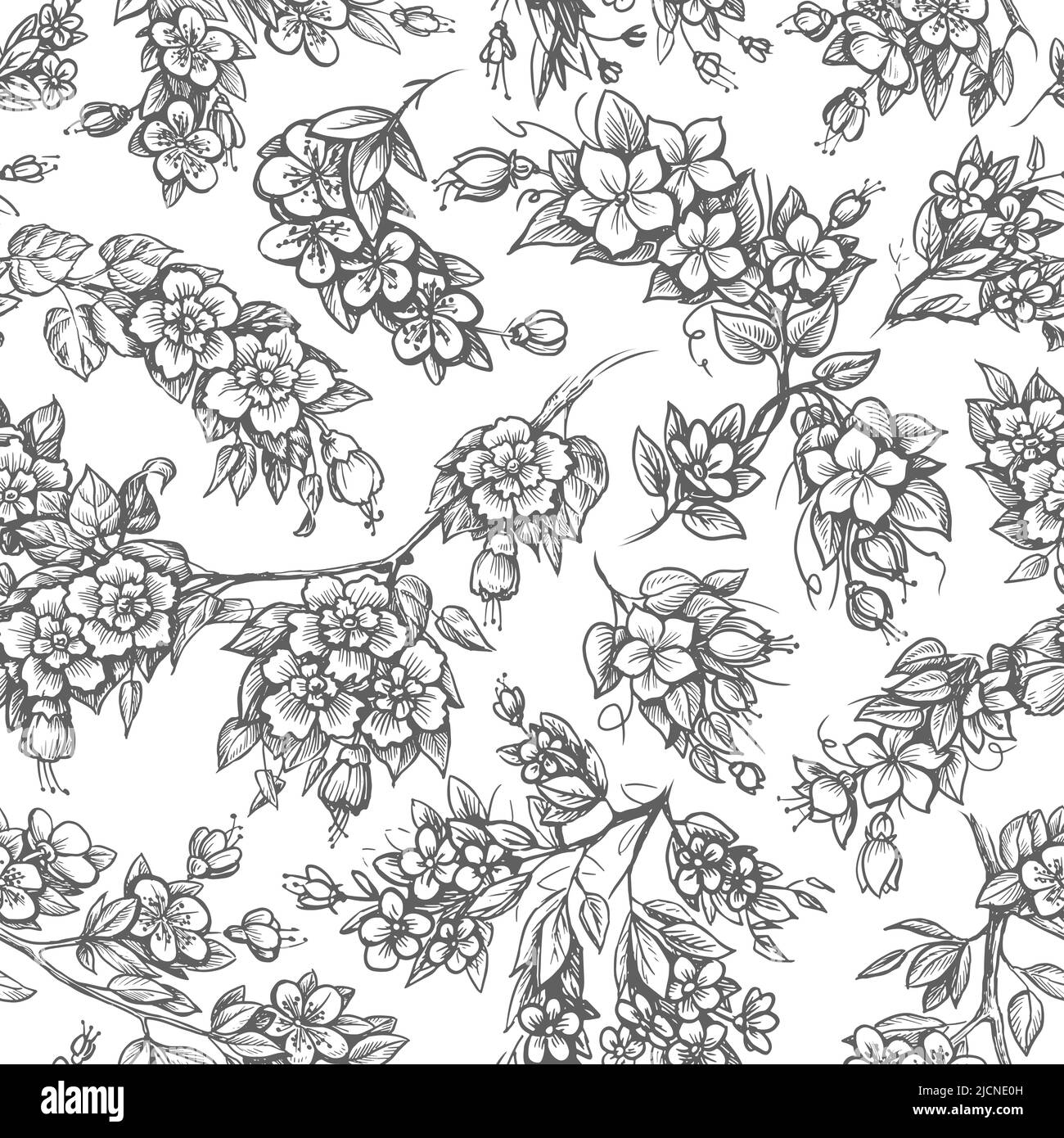 Floral seamless pattern. Flowers background drawn in vintage engraving ...