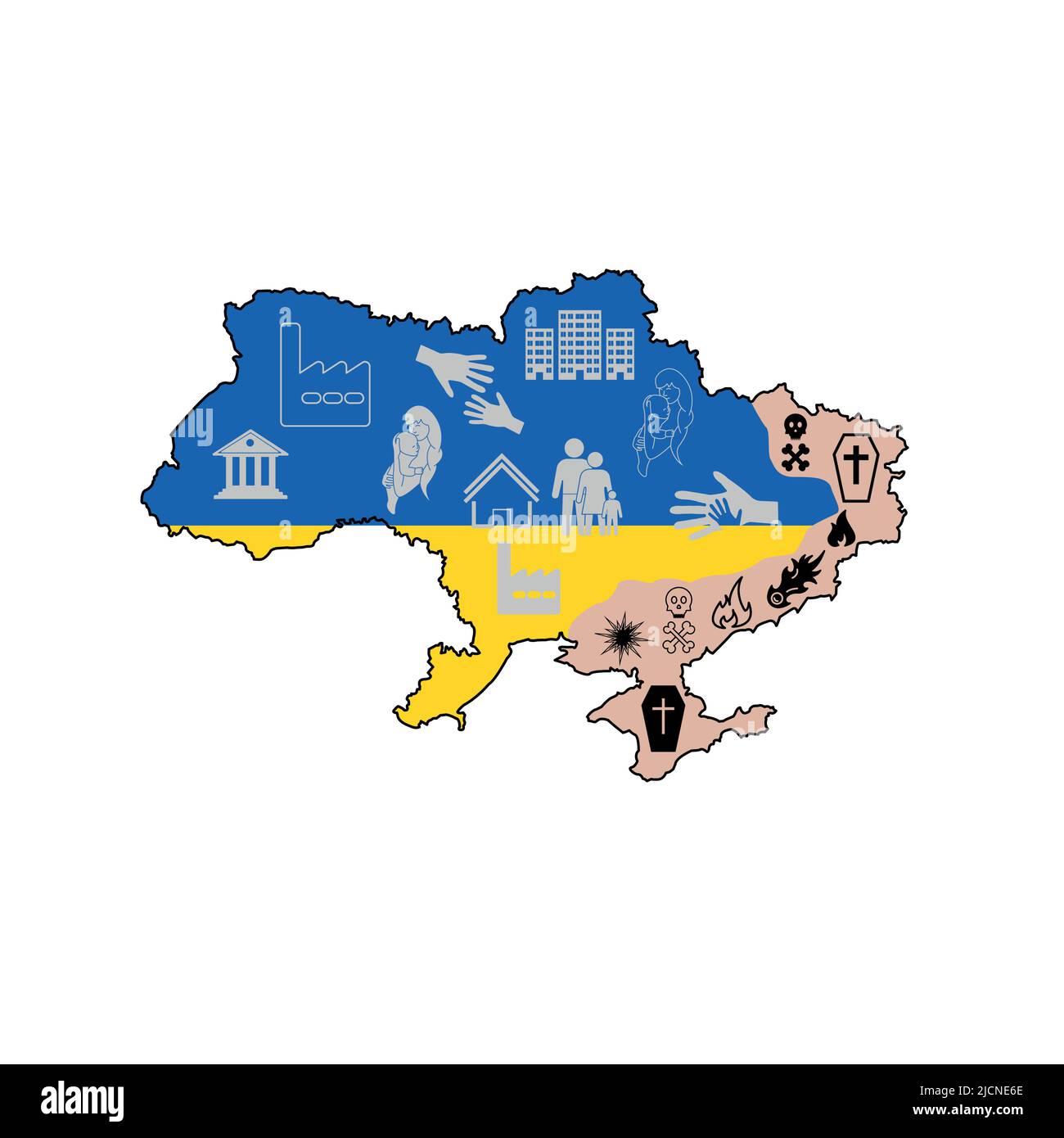 War in Ukraine, Russian invasion of Ukraine. Infographic,  Ukrainian map as symbol of political conflict and military aggression. map of Russian invas Stock Vector