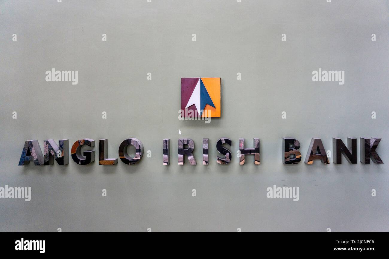 The original Anglo Irish Bank sign, now on display in Collins Barracks Museum in Dublin, Ireland. Stock Photo