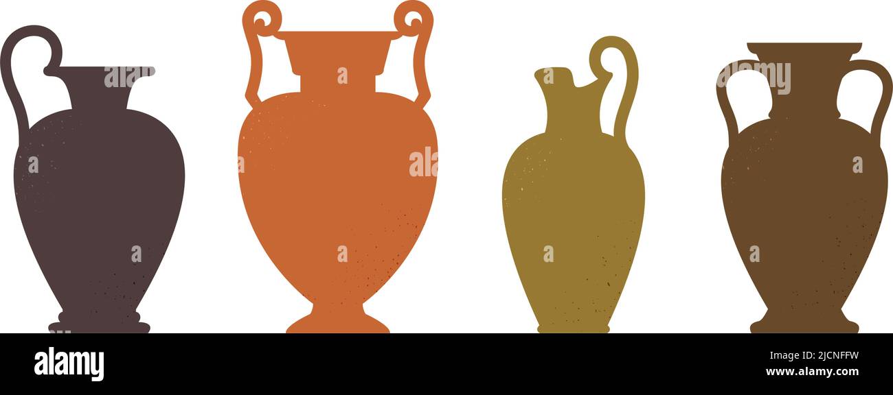 Vase silhouettes set. Various antique ceramic vases. Ancient greek jars and amphorae silhouettes with texture. Clay vessels pottery. Vector Stock Vector