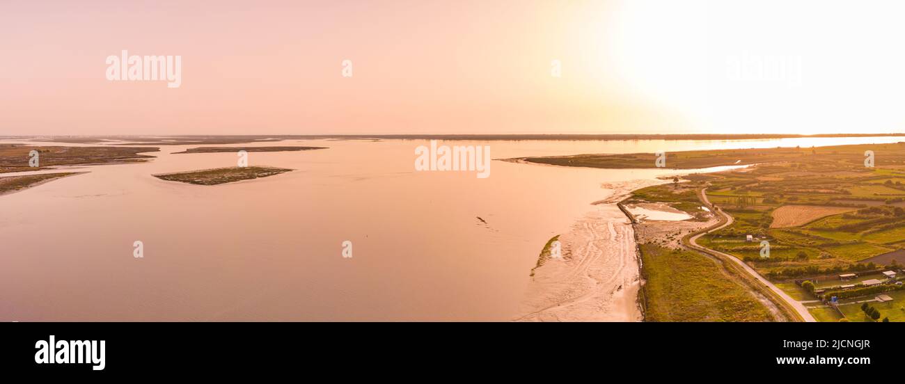 Aerial View of Aveiro Lagoon at sunset, view from Bico's beach in