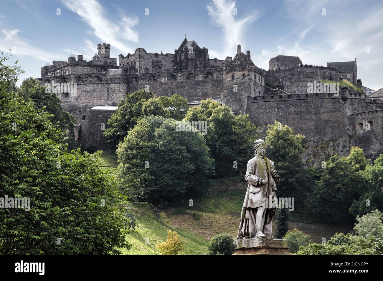 Edinburgh Castle is an ancient fortress, which from its position on top of the castle rock, dominates the panorama of the city of Edinburgh. Stock Photo
