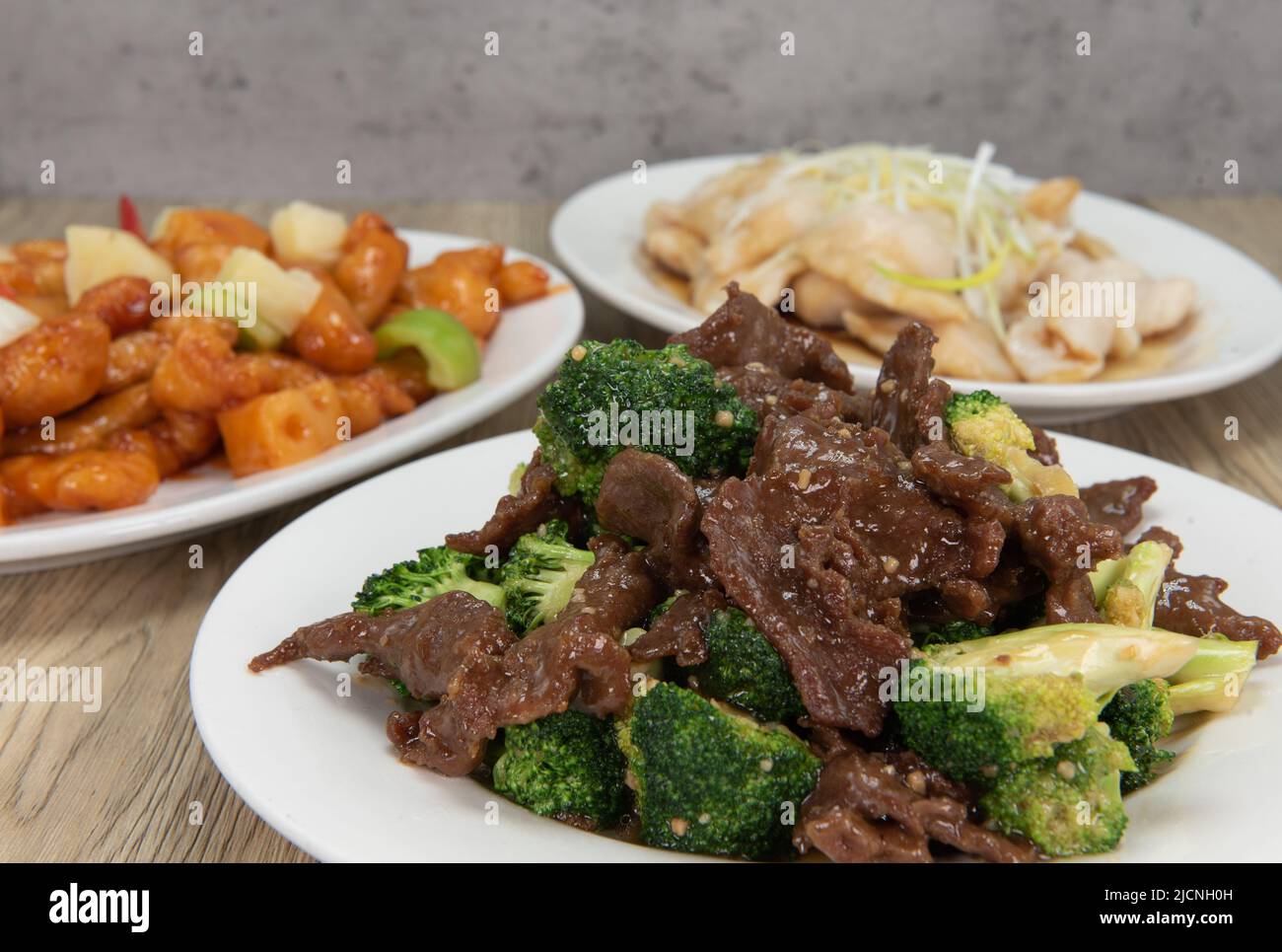 Temping choices of meals with the beef and broccoli featured, for a great Chinese food meal. Stock Photo