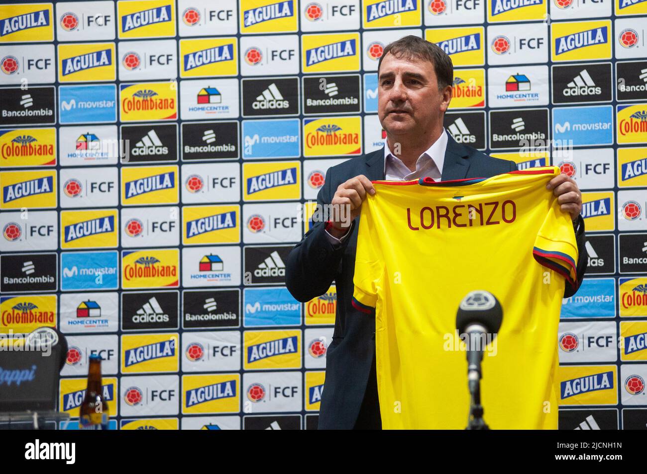 Bogota, Colombia June 14, 2022, Colombia's federation of football soccer team unveils its new coach in replacement of Reinaldo Rueda in a press conference with new coach Nestor Lorenzo presented by Colombia's soccer team president Ramon Jesurun in Bogota, Colombia June 14, 2022. Photo by: Chepa Beltran/Long Visual Press Stock Photo