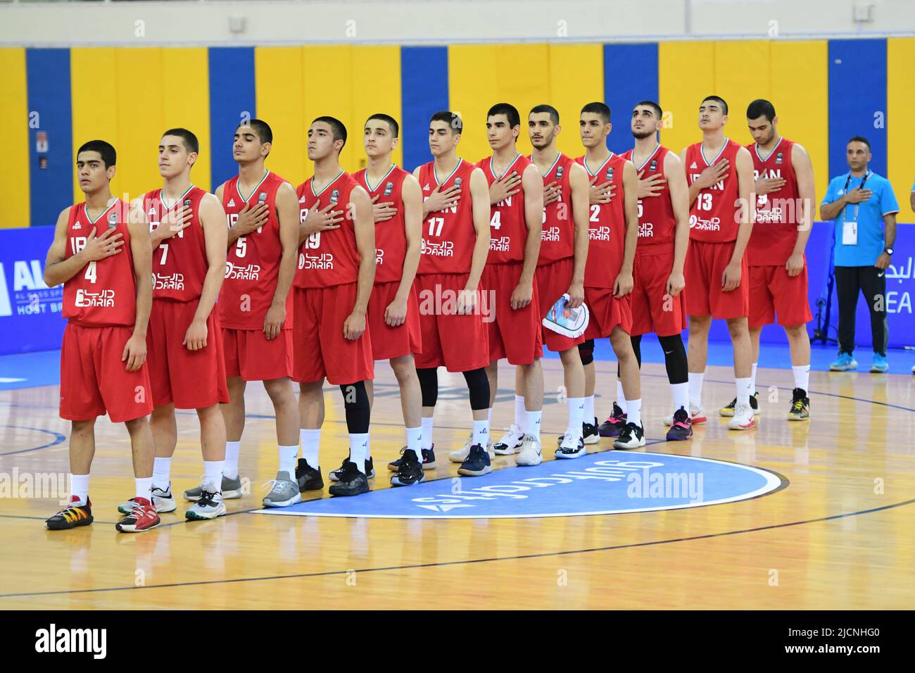 Doha, Qatar. 14th June, 2022. Iran Basketball team during the 2022 FIBA U16  Asian Championship match between Iran and Lebanon at the Al-Gharafa Sports  Multi-Purpose Hall. Final score Iran 73:56 Lebanon. Credit: