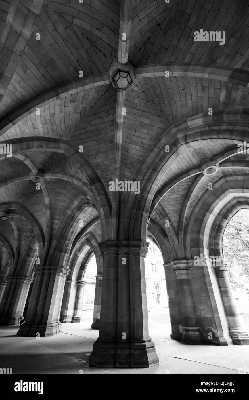Cloisters on the Glasgow University campus in Scotland, built in Gothic