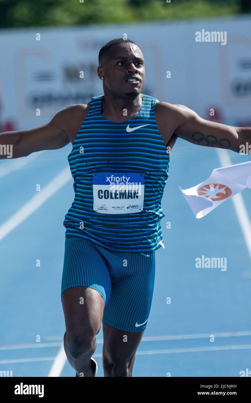 Christian Coleman (USA) wins the men's 100m at the 2022 NYC Grand Prix. Stock Photo