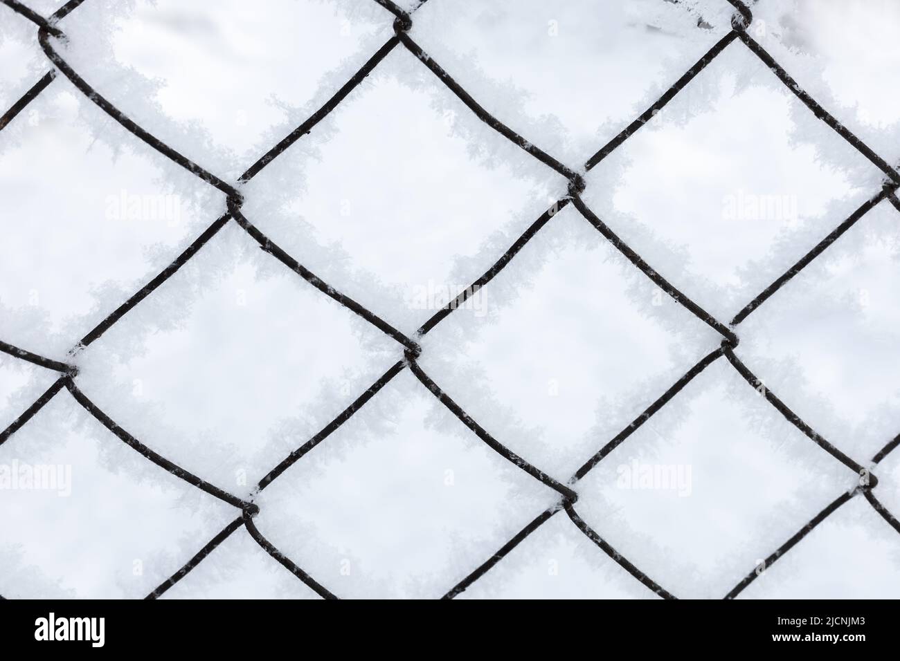 Close-up of thin steel insecure fence partially overlaid with snow with blurry snow ground in background. Protests with people going to rallies. Exile Stock Photo