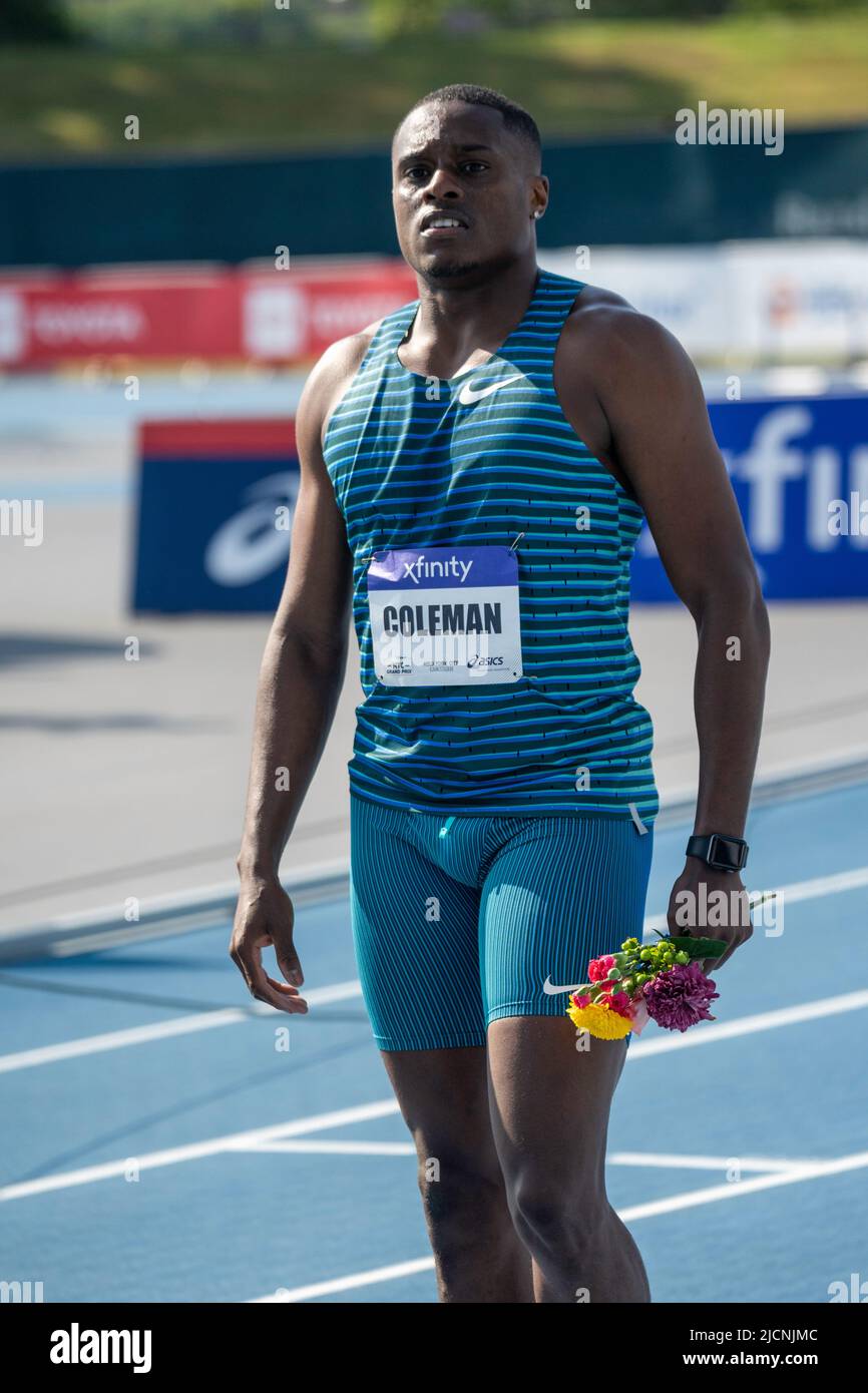 Christian Coleman (USA) wins the men's 100m at the 2022 NYC Grand Prix. Stock Photo