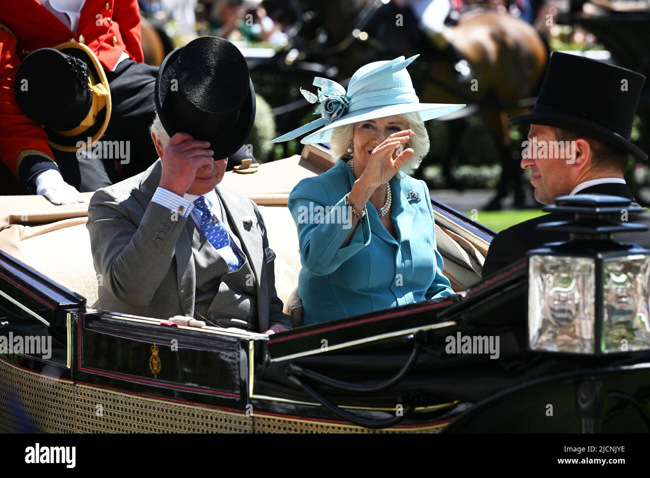 Ascot, UK. 14 June, 2022.  Prince Charles, Prince of Wales, Camilla, Duchess of Cambridge and Peter Phillips arrive in an open carriage during the first day of Royal Ascot 2022 in Ascot, England. Credit: Anwar Hussein Credit: Anwar Hussein/Alamy Live News Stock Photo