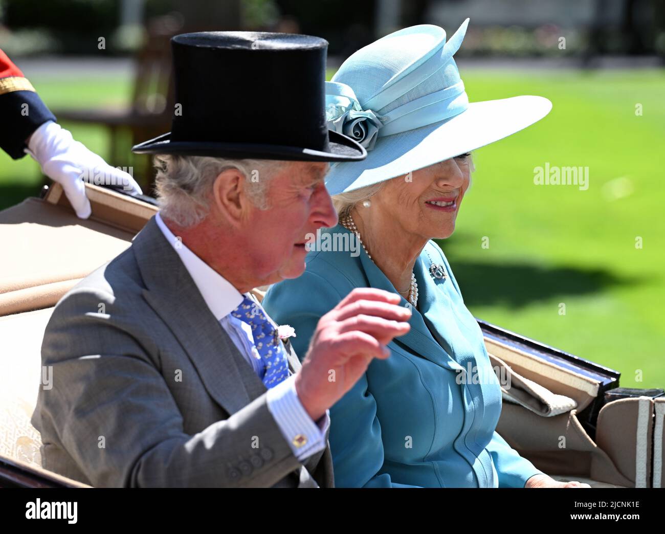 Ascot, UK. 14 June, 2022.  Prince Charles, Prince of Wales, Camilla, Duchess of Cambridge and Peter Phillips arrive in an open carriage during the first day of Royal Ascot 2022 in Ascot, England. Credit: Anwar Hussein Credit: Anwar Hussein/Alamy Live News Stock Photo