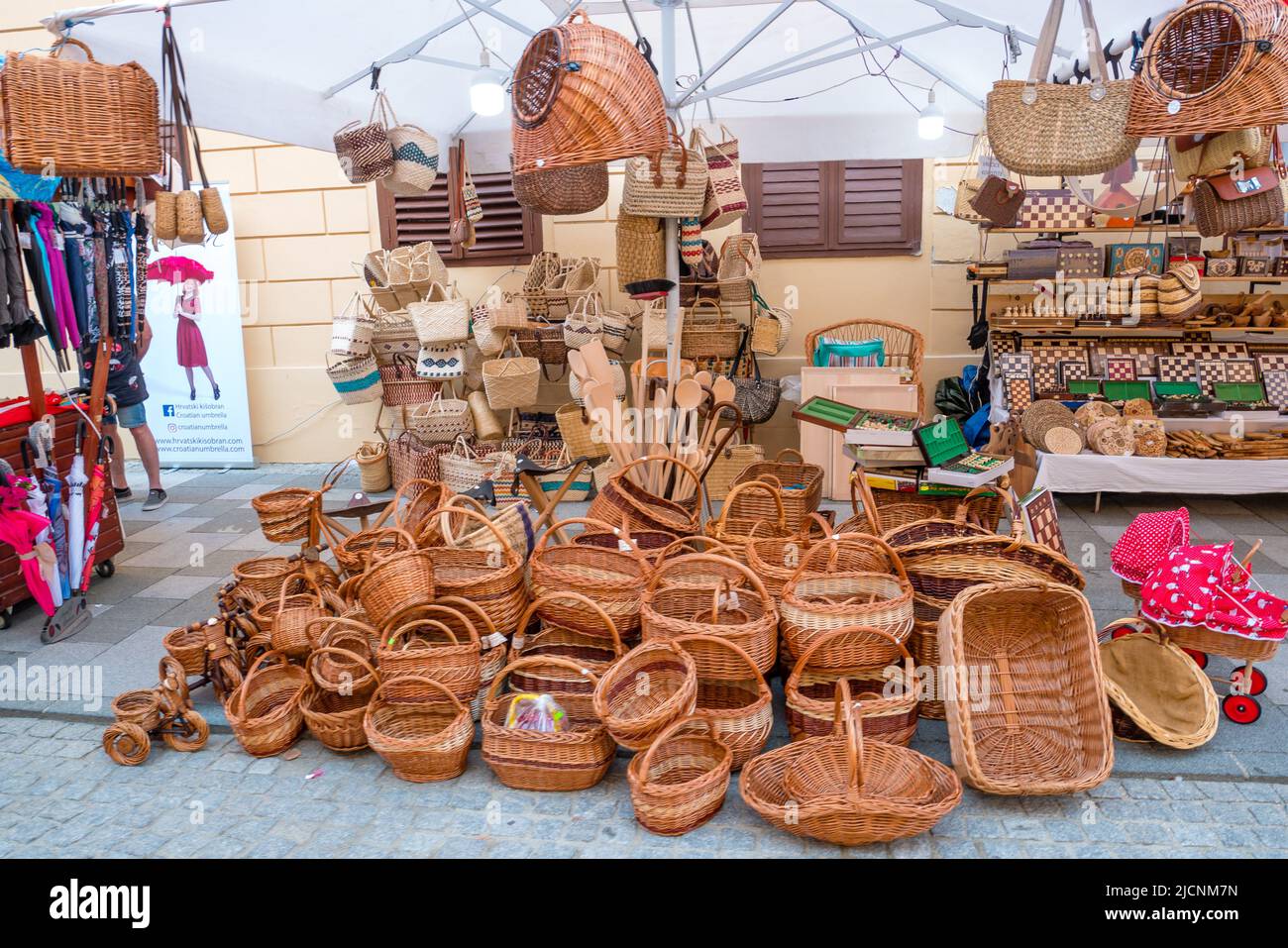 Wood and wicker products for sale. Booth on Spancirfest 2021, Varazdin, Croatia Stock Photo