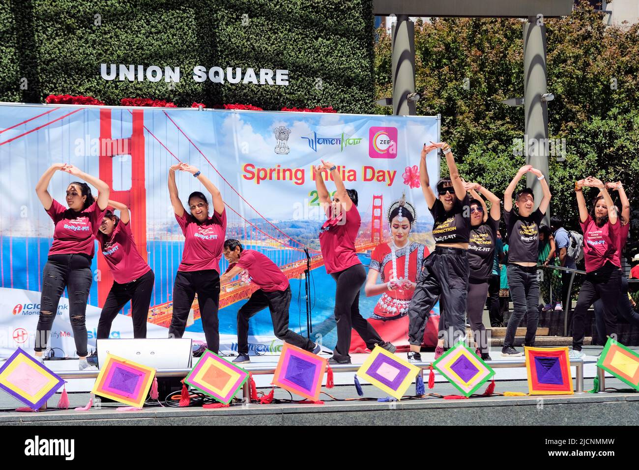 Performers at Spring India Day 2022 at Union Square in downtown San Francisco, California; celebrating Indian culture in the Bay Area. Stock Photo