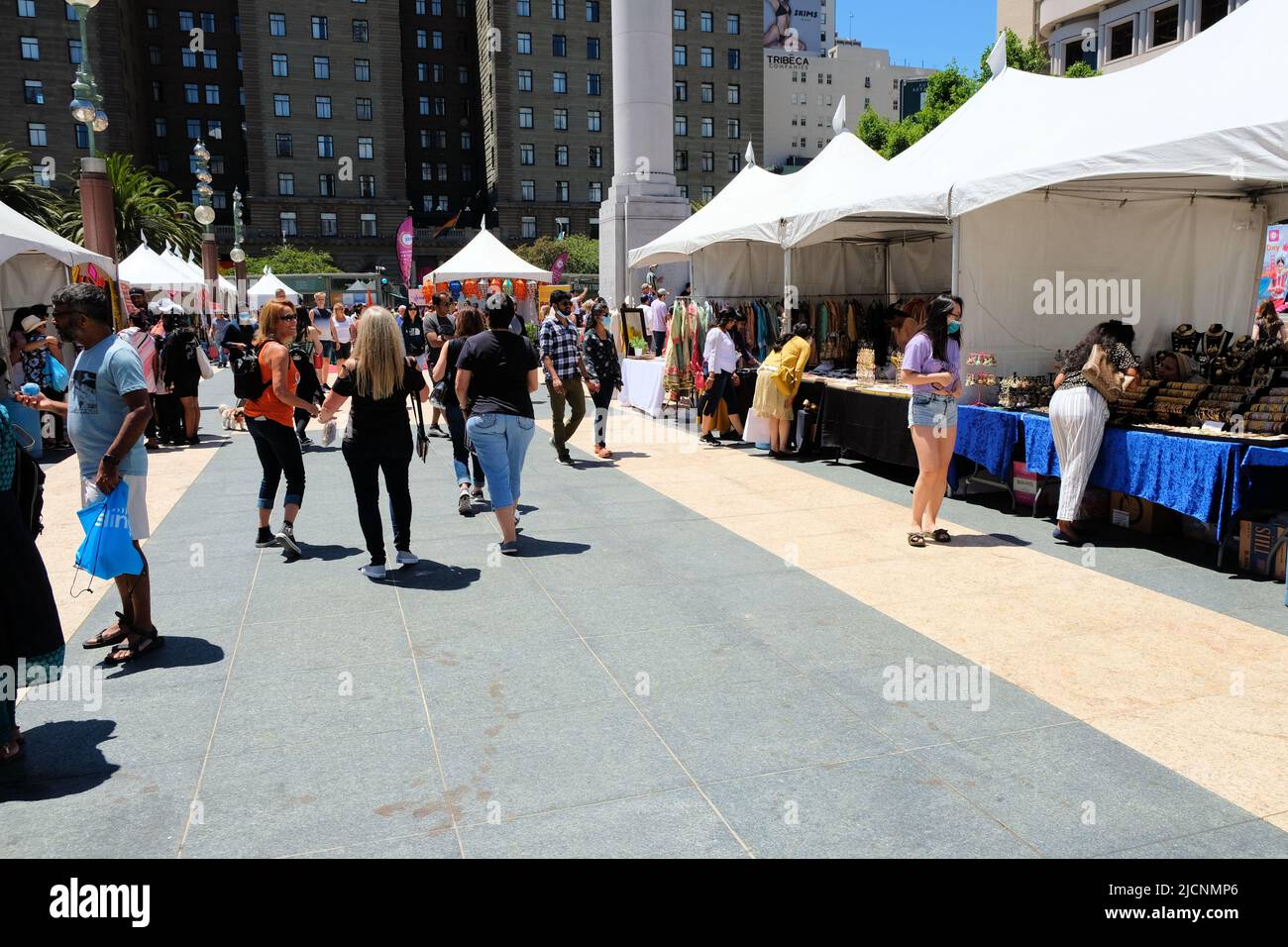 Booths, tourists, and locals at Union Square during 2022 Spring India Day in San Francisco, California; celebration of Indian cultures in the Bay Area Stock Photo