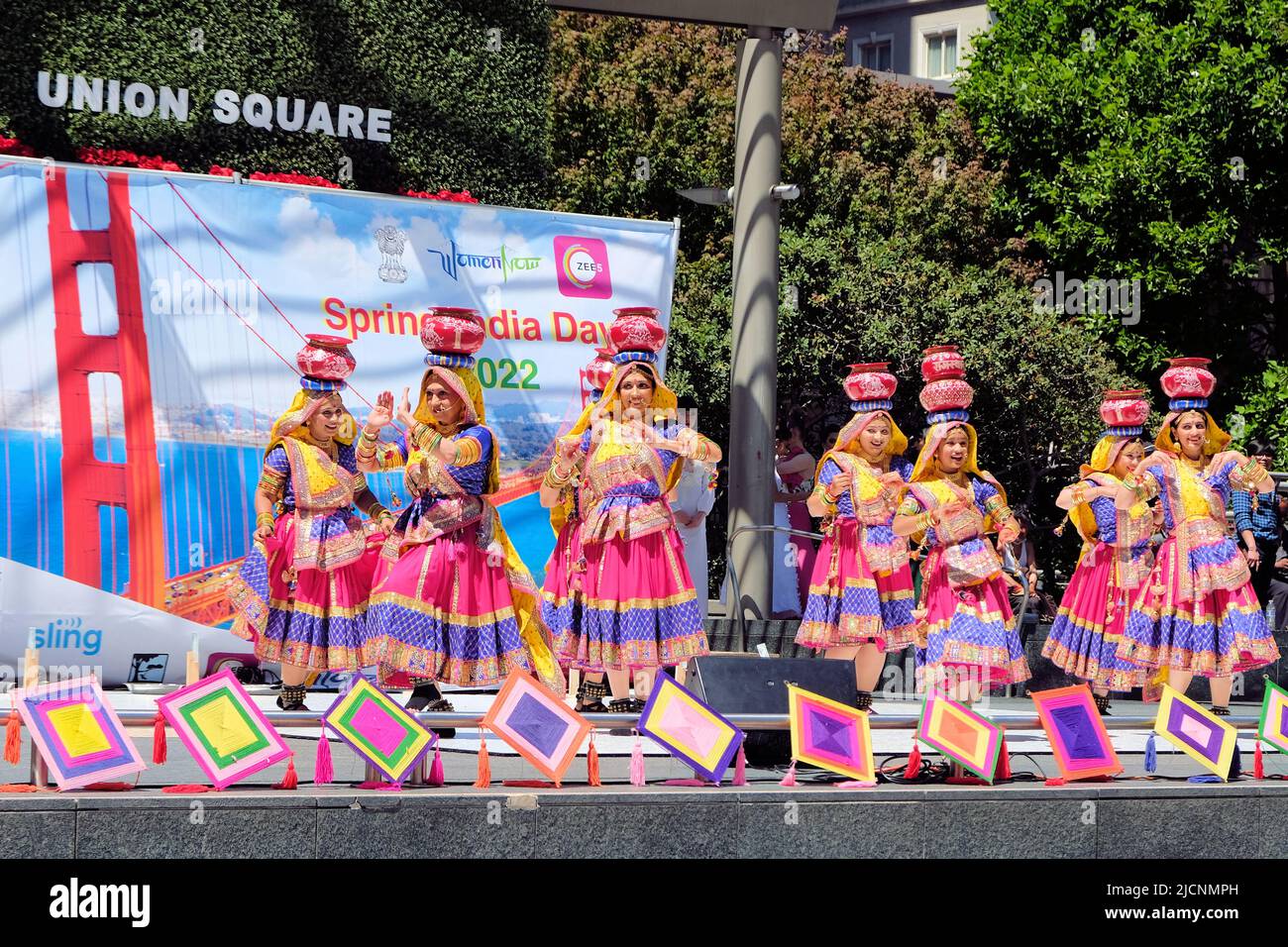 Performers at Spring India Day 2022 at Union Square in downtown San Francisco, California; celebrating Indian culture in the Bay Area. Stock Photo
