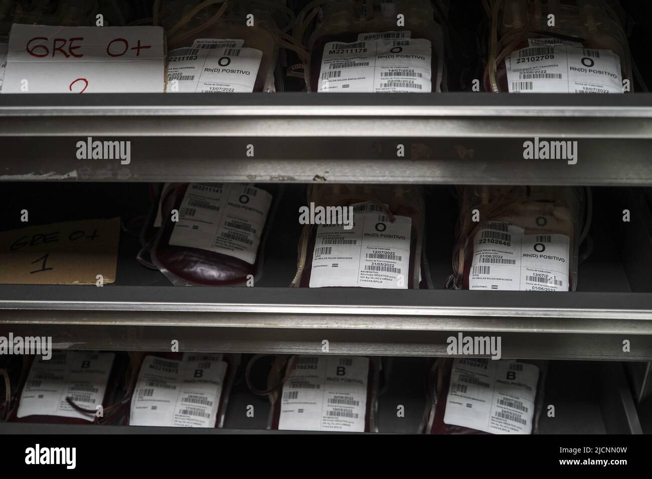 Detail of stored blood samples at a red cross blood bank in San ...