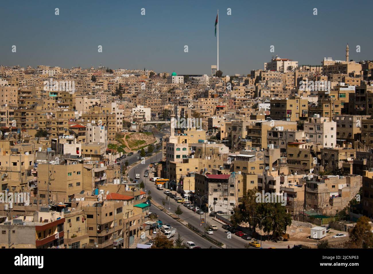 Amman, Jordan - March the 3rd 2018: An aerial view of the empty streets during a hot day from Amman Citadel Hill Stock Photo