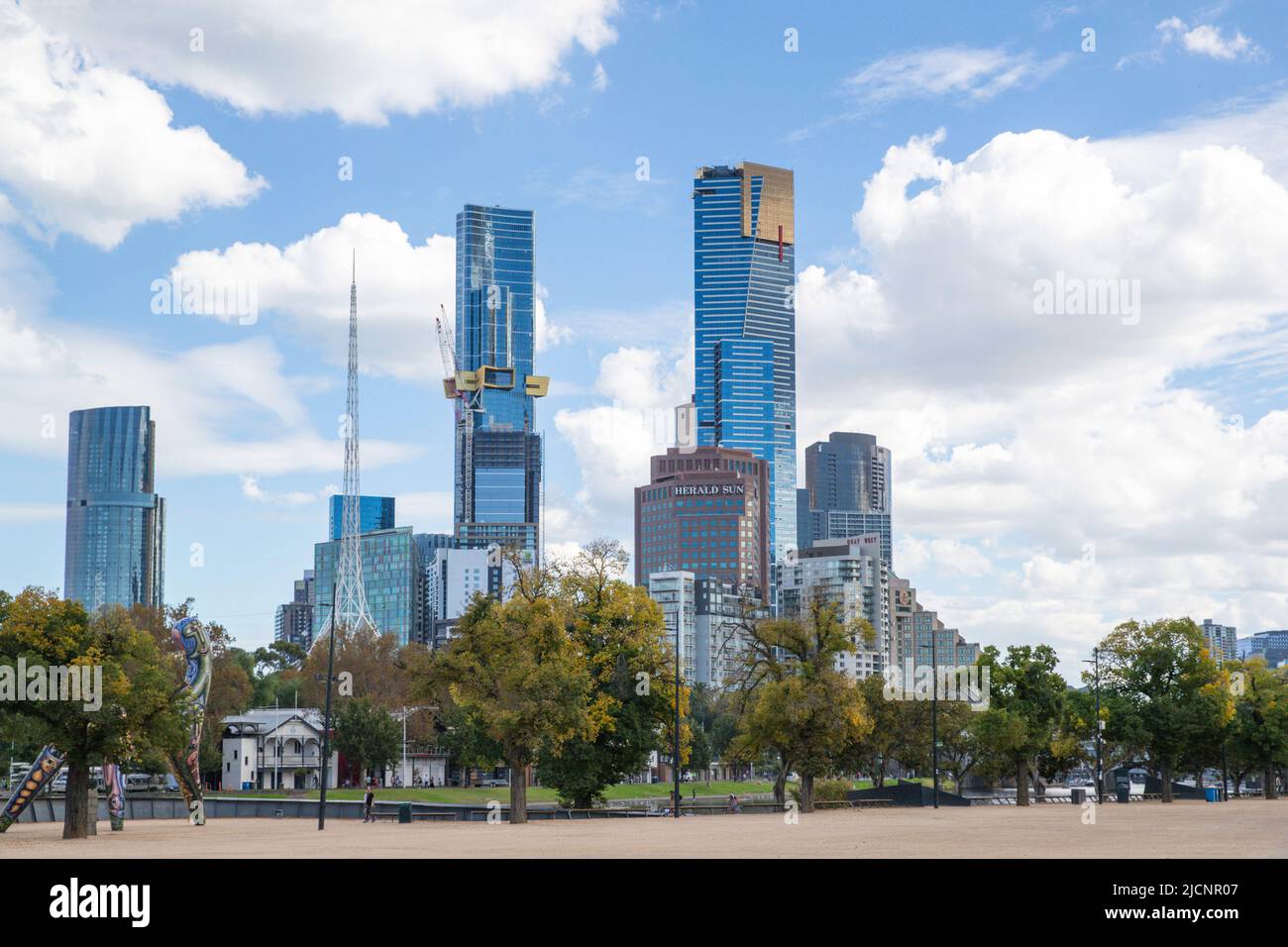 Skyscrapers and Yarra River, Southbank, Melbourne Australia on Thursday, April 14, 2022. Photo: David Rowland / One-Image.com Stock Photo