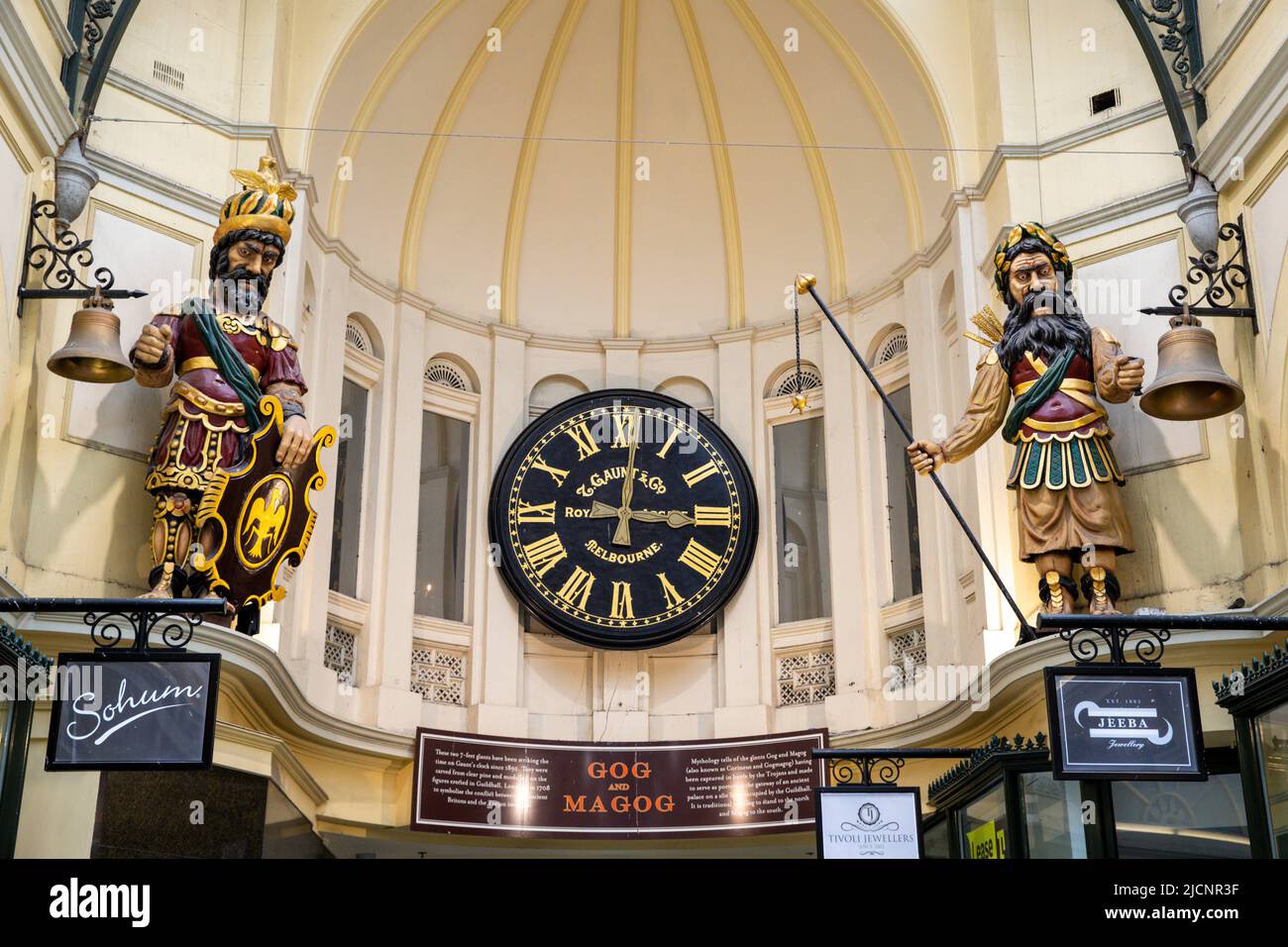 Gog and Magog clock in the Royal Arcade, Melbourne, Victoria, Australia on Monday, April 18, 2022.Photo: David Rowland / One-Image.com Stock Photo