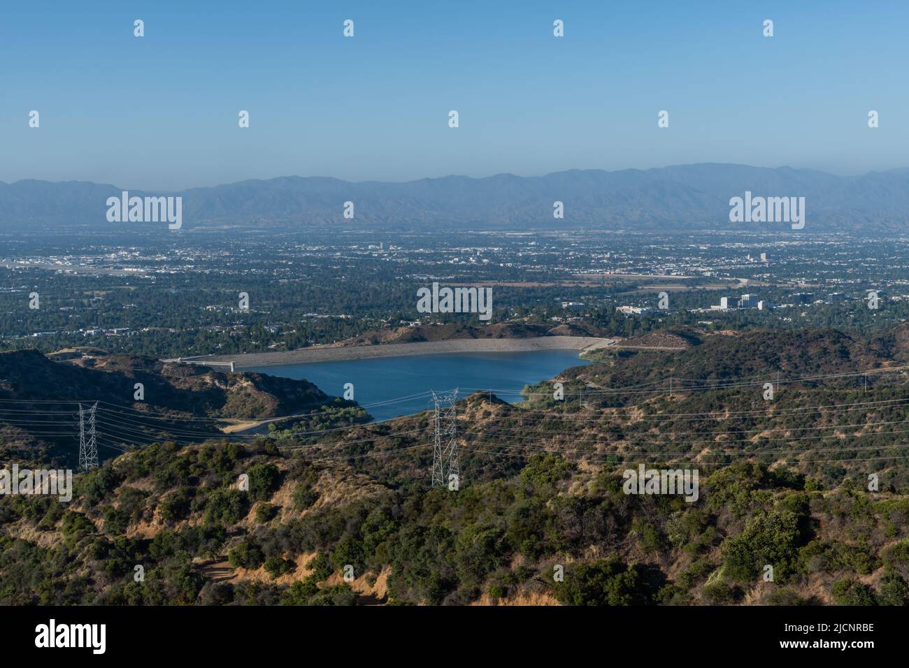 Scenic aerial view of the Encino Reservoir and San Fernando Valley, Los